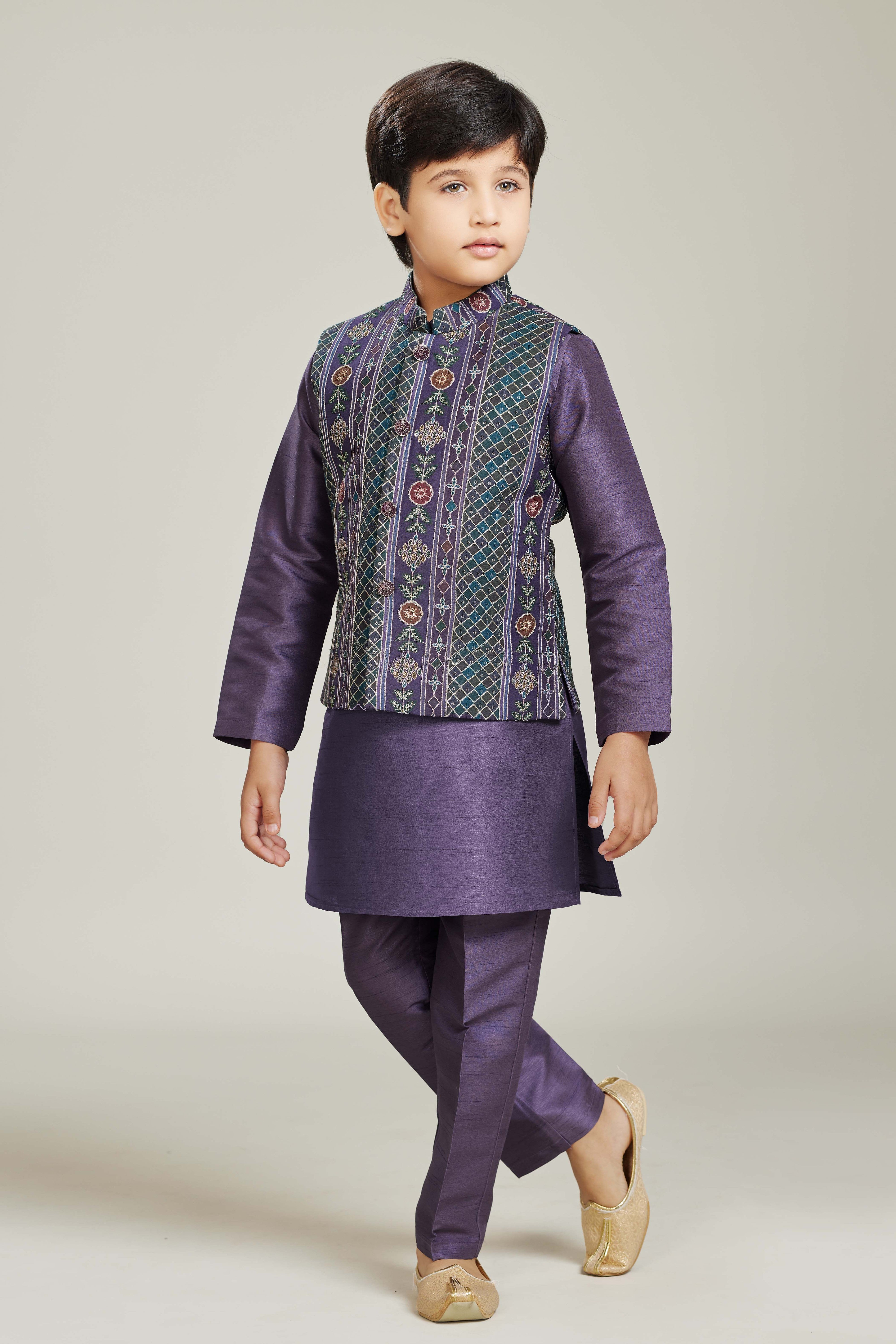 Purple Boys Ethnic Wear Set with Embroidered Jacket
