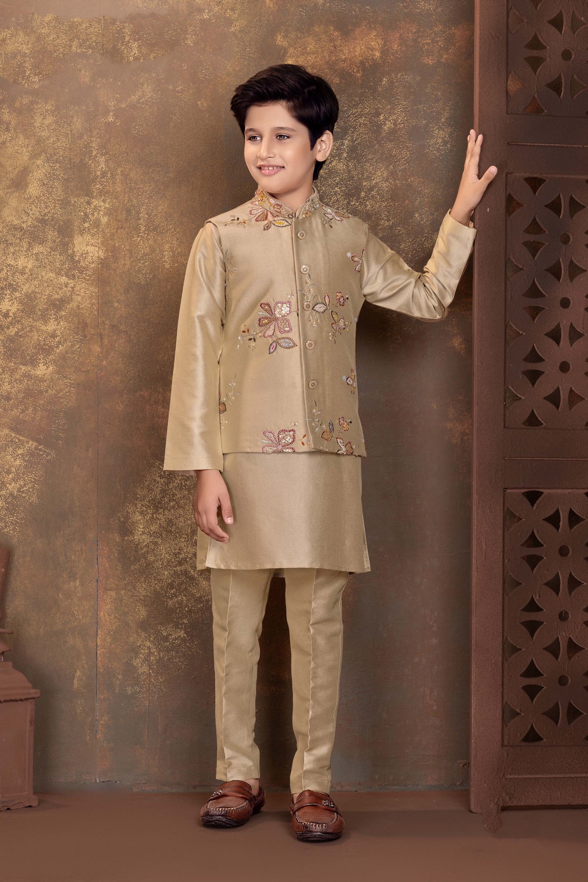 Beige Floral Embroidered Bandi Kurta Set
