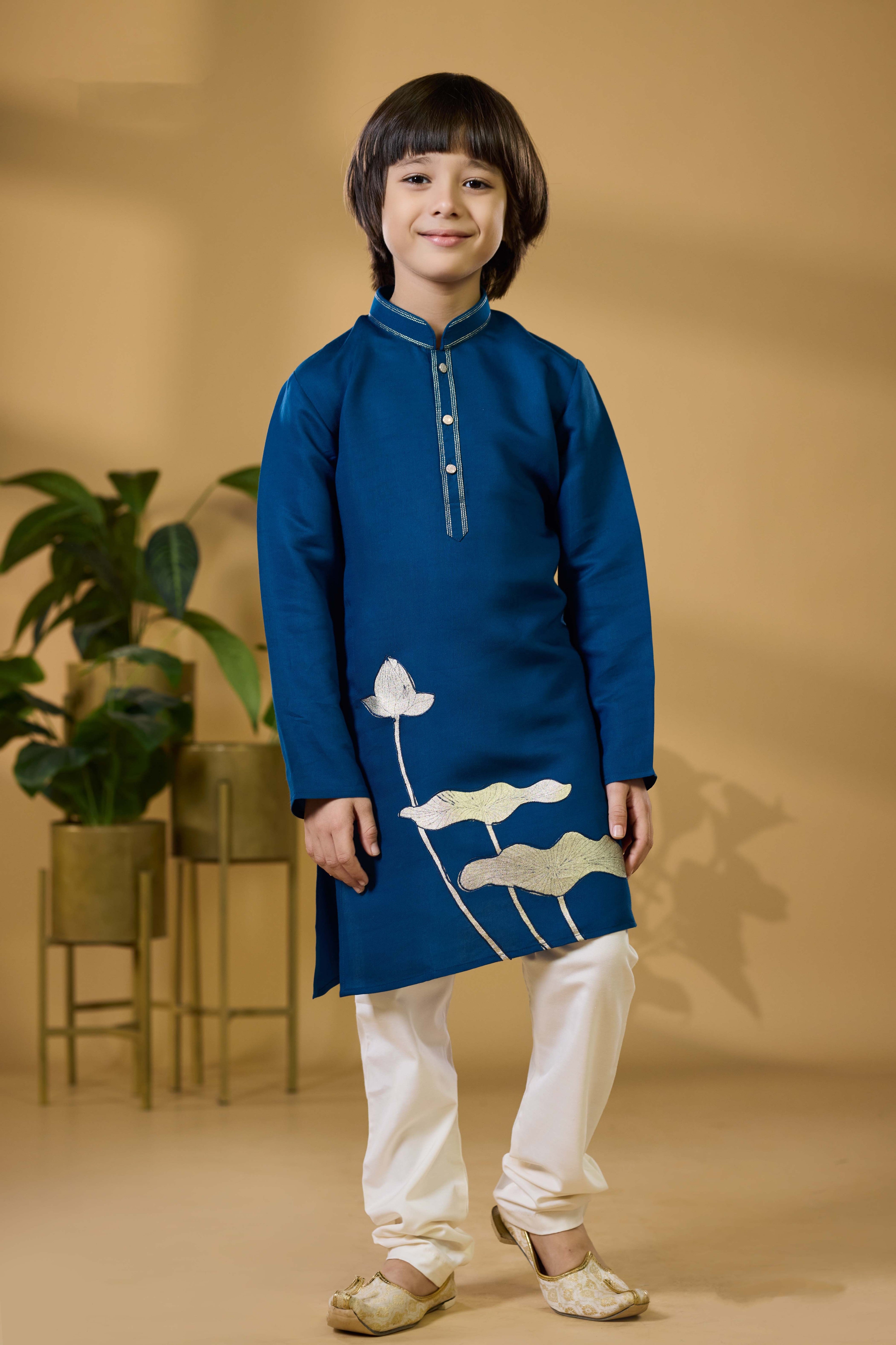 Royal Blue Boys Kurta Set with Lotus Motif Embroidery