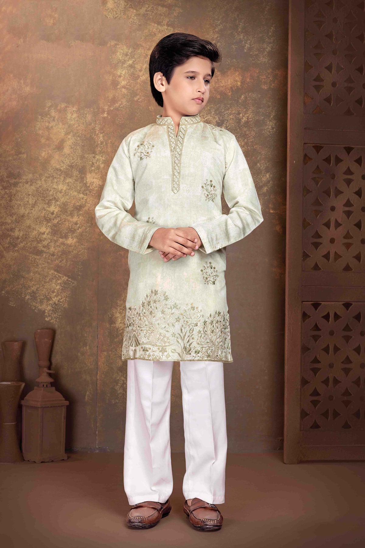 Pastel Mint Green Embroidered Kurta Set for Boys