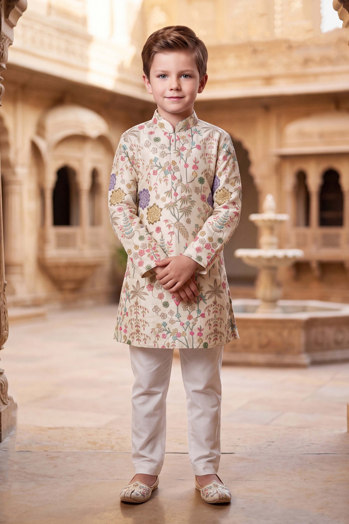 Ivory Multicolour Floral Kurta Set for Boys