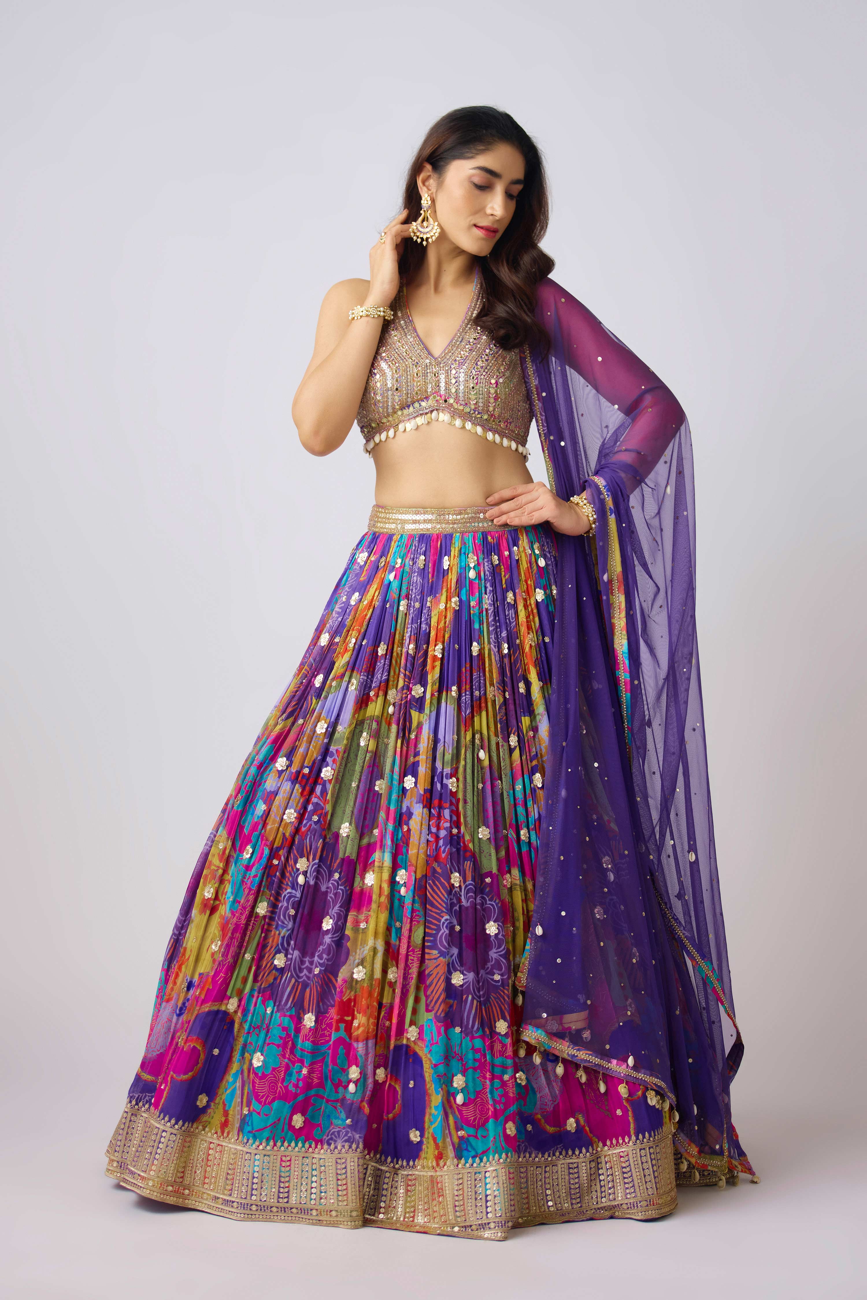 Purple Georgette Embroidered Lehenga Set  Mokshaa