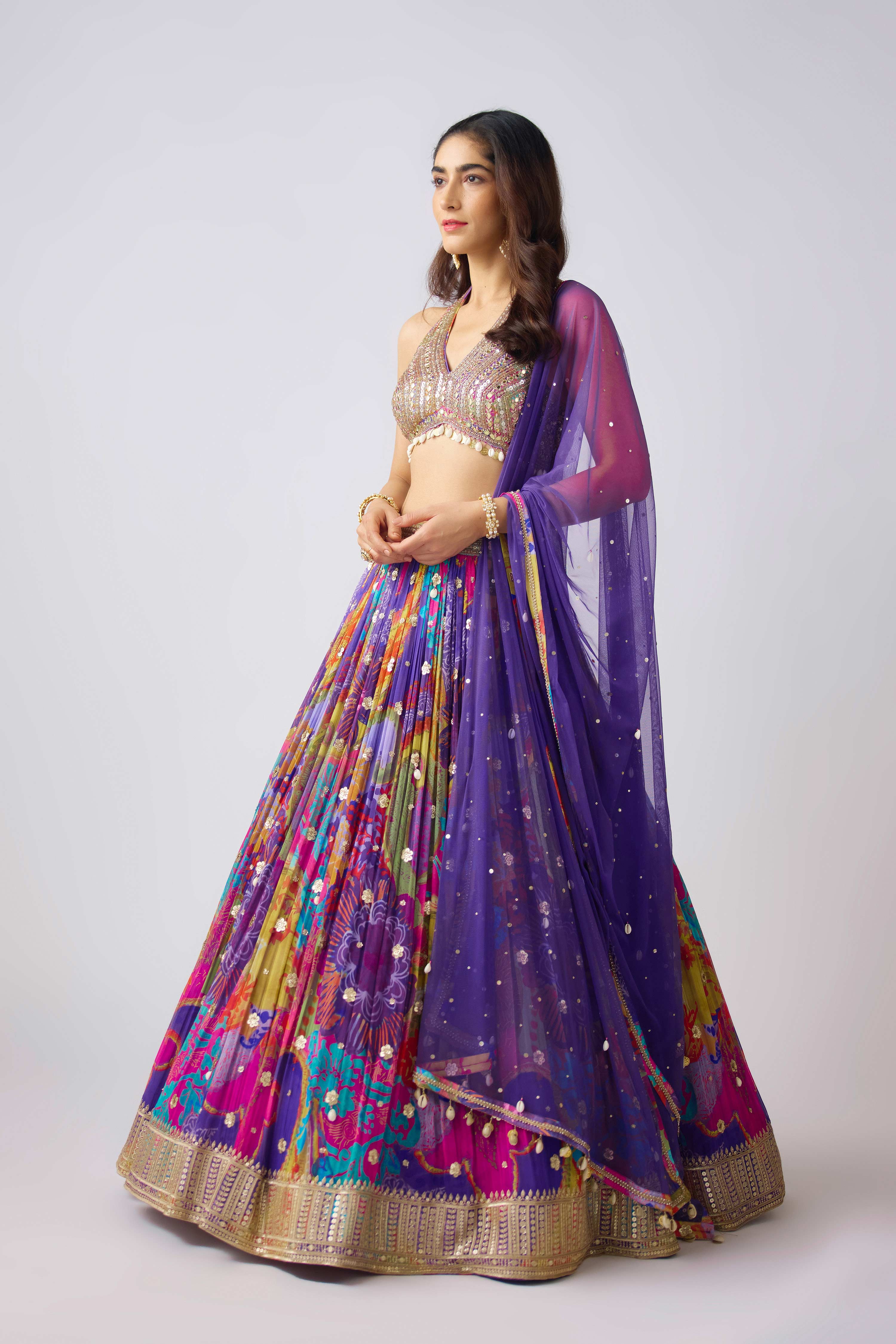 Purple Georgette Embroidered Lehenga Set  Mokshaa