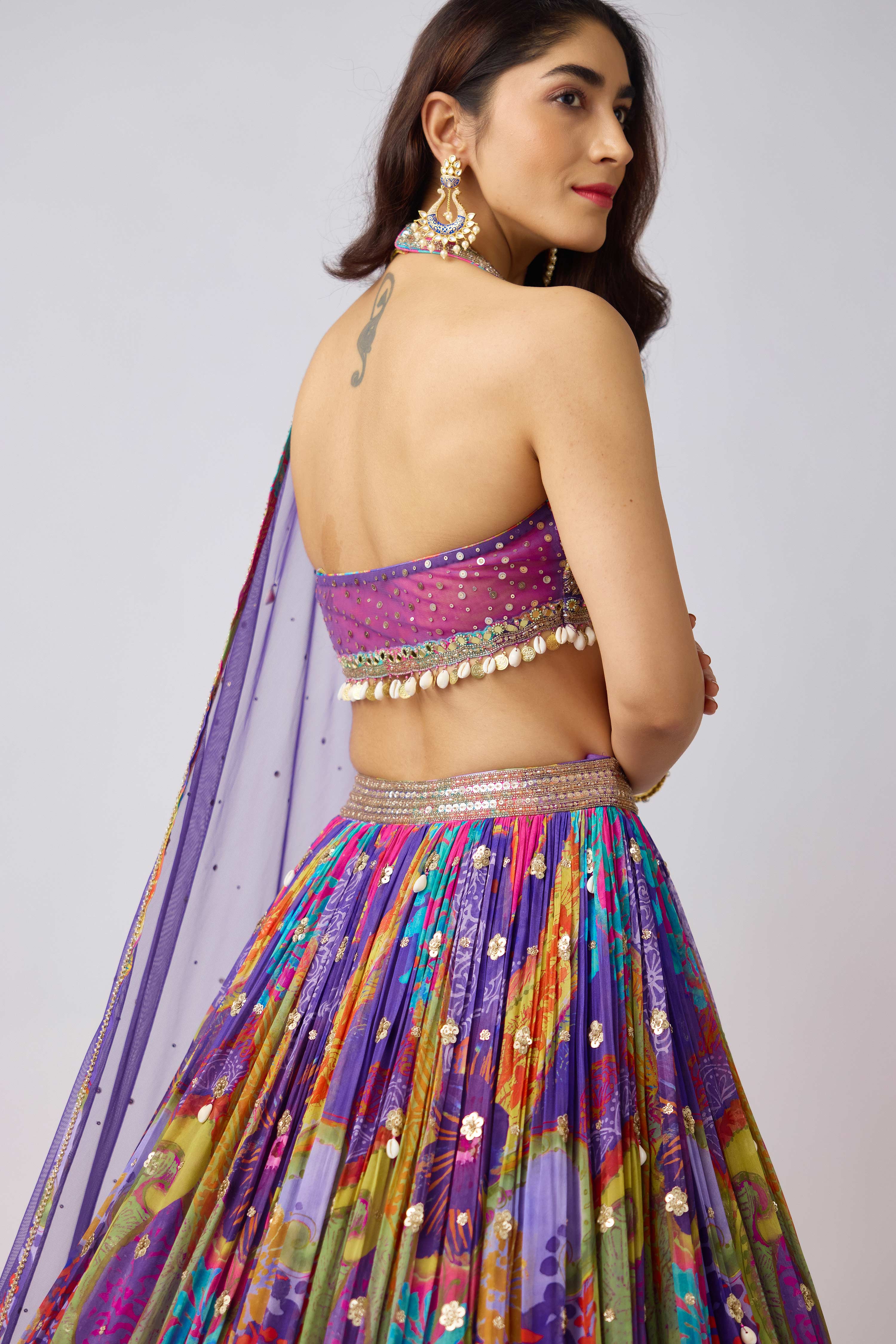 Purple Georgette Embroidered Lehenga Set  Mokshaa