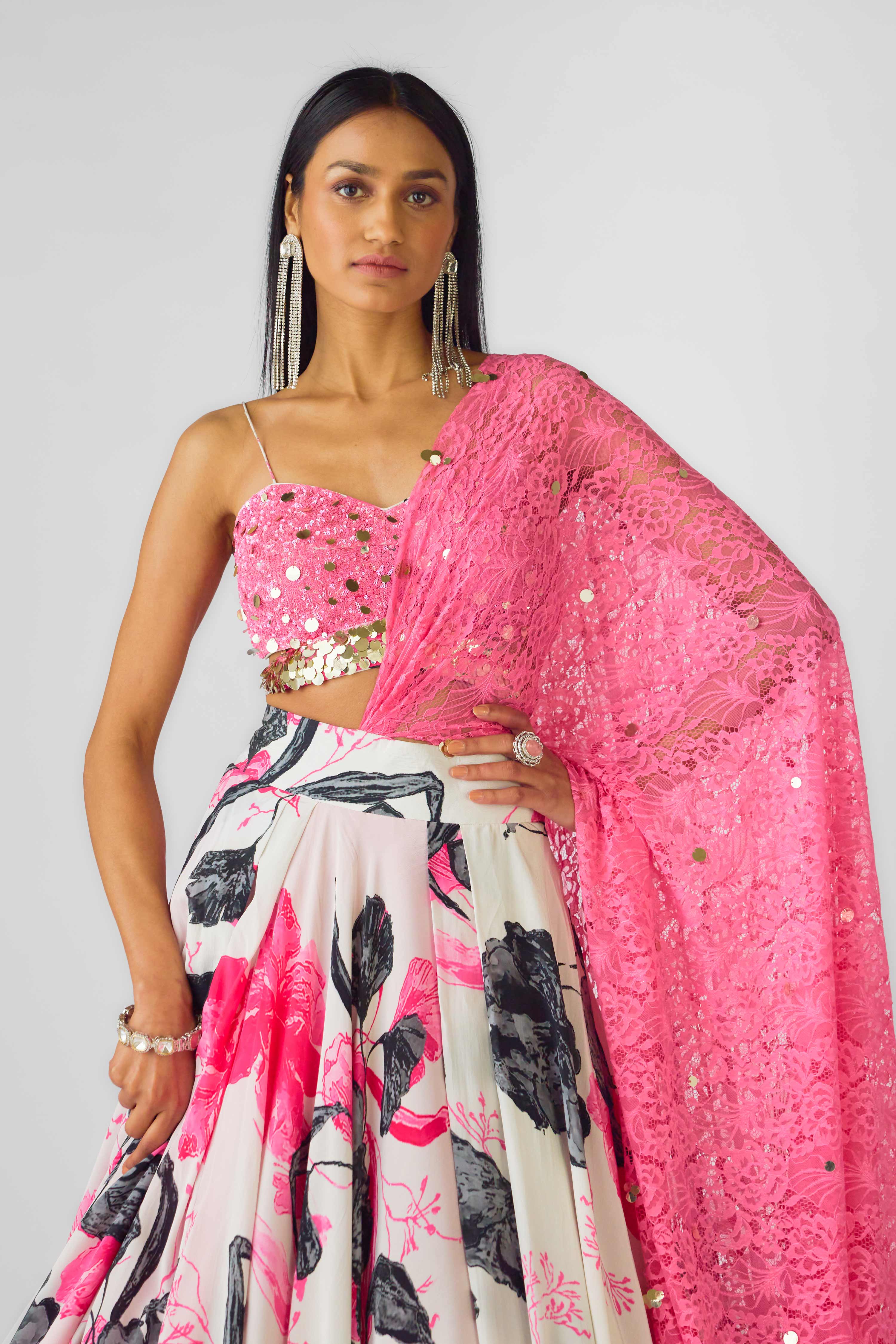 Pink Crepe Lehenga with Sequins & Brass Embroidery  Mokshaa