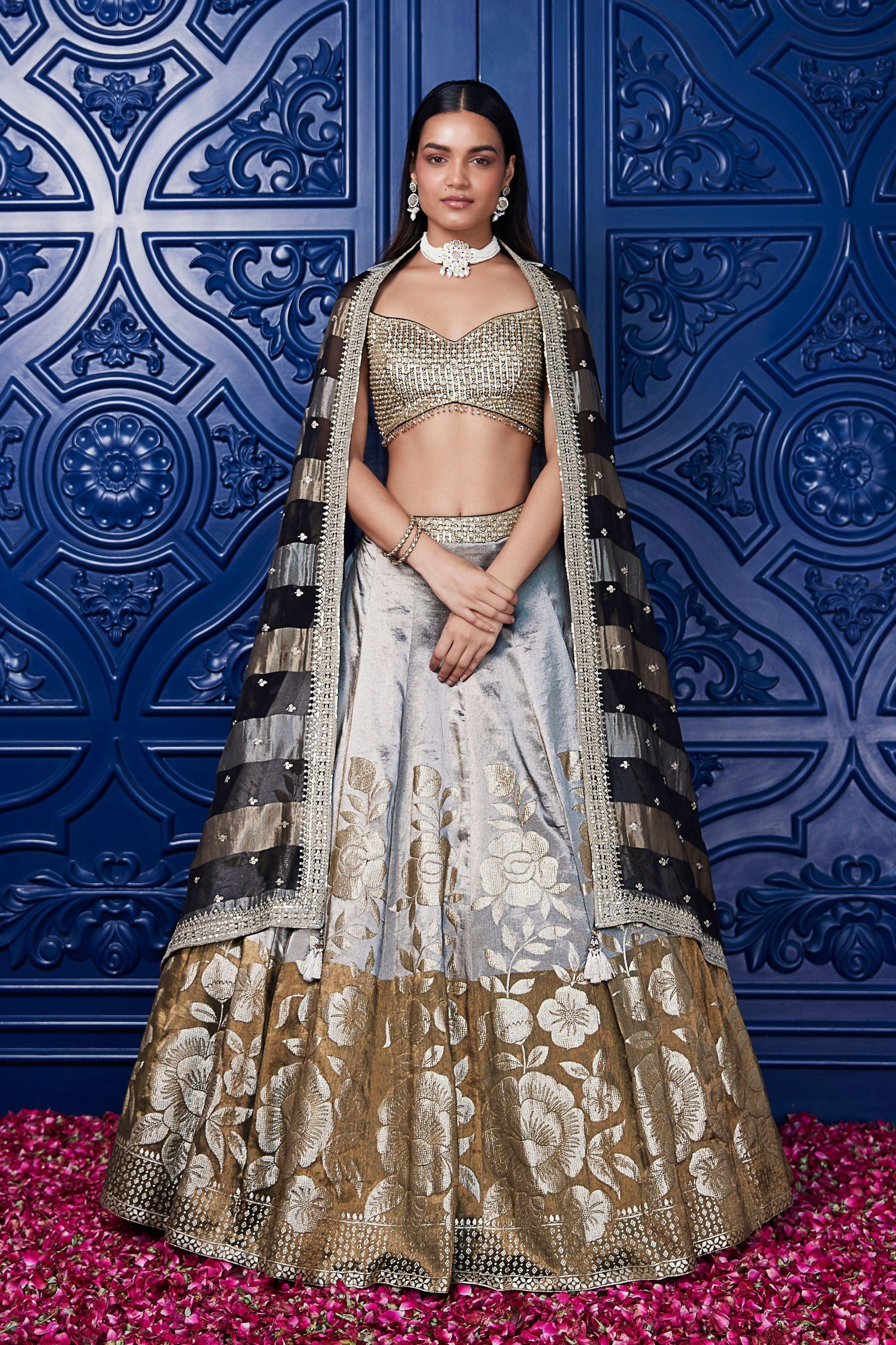 Brown Banarasi Weave Embroidered Lehenga Set - Mokshaa