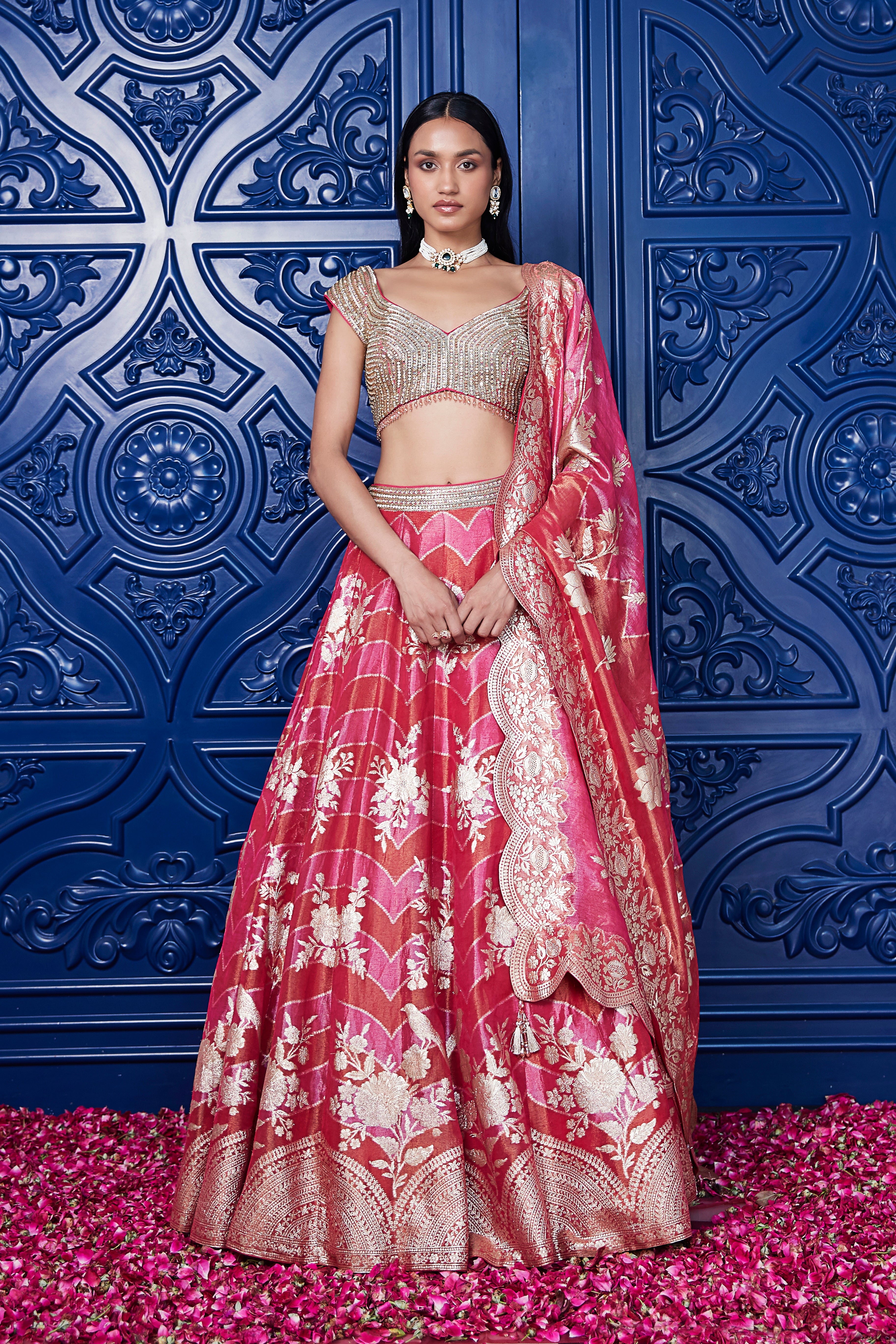 Pink Banarasi Weave Embroidered Lehenga Set - Mokshaa