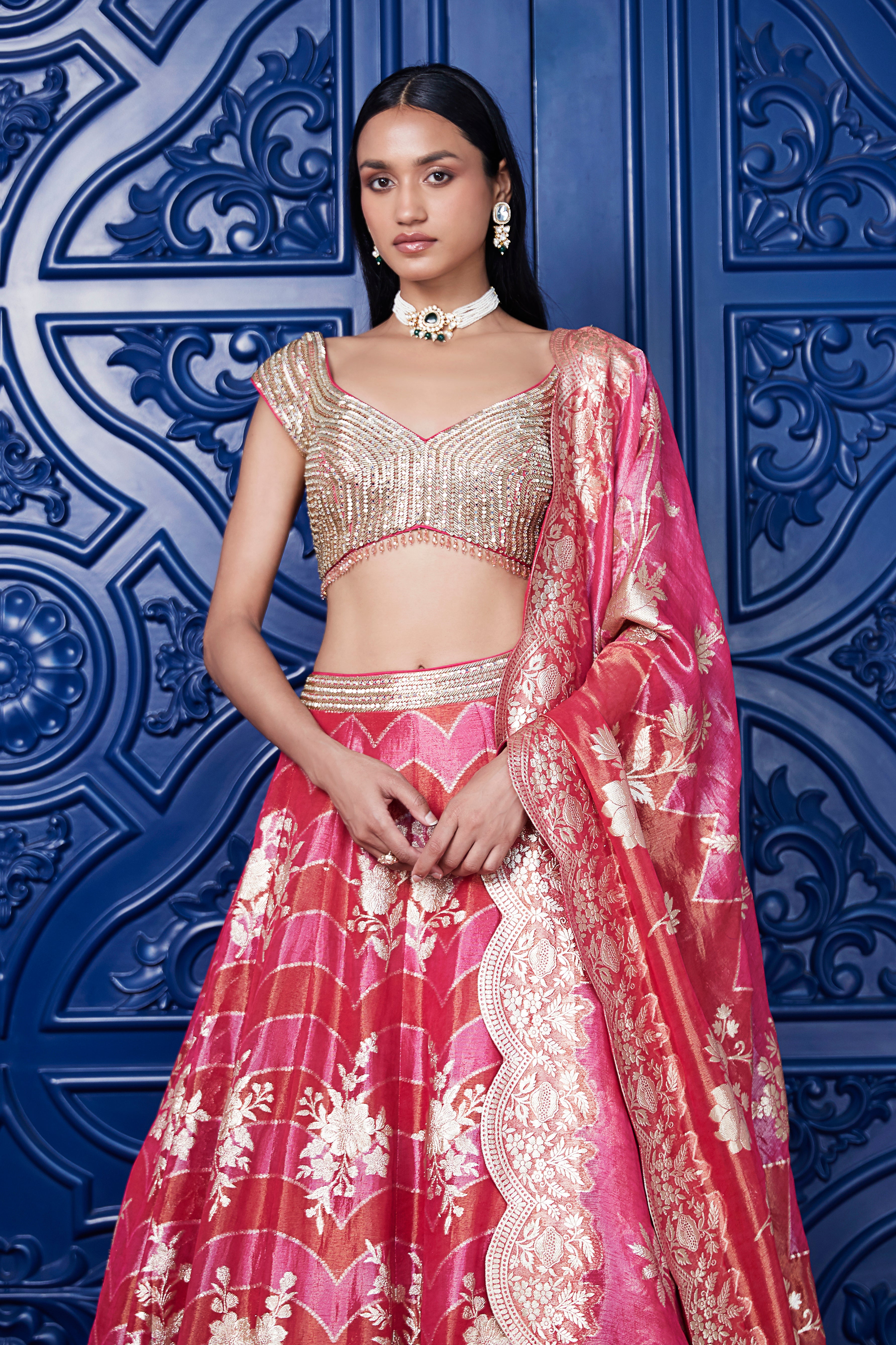 Pink Banarasi Weave Embroidered Lehenga Set - Mokshaa