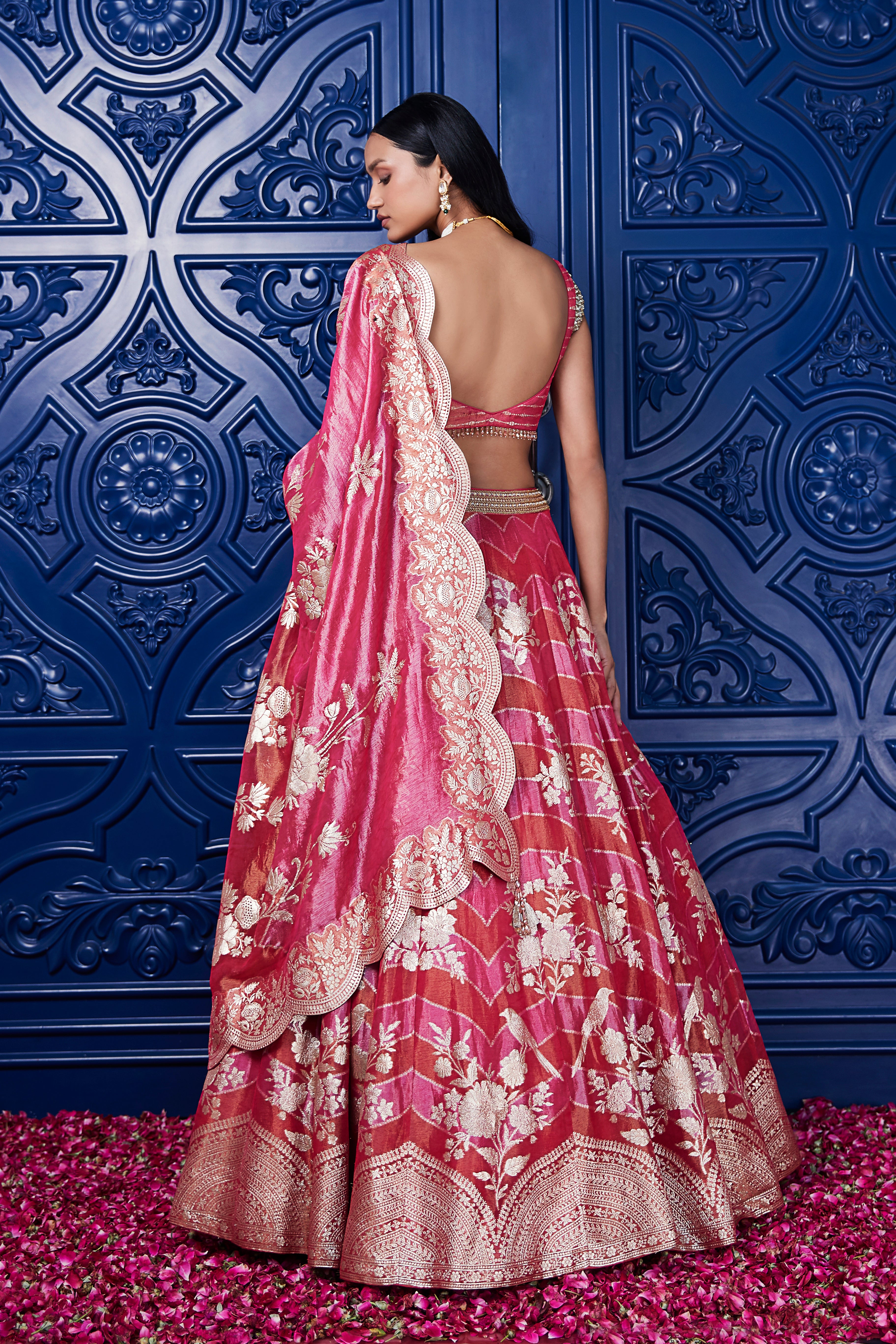 Pink Banarasi Weave Embroidered Lehenga Set - Mokshaa