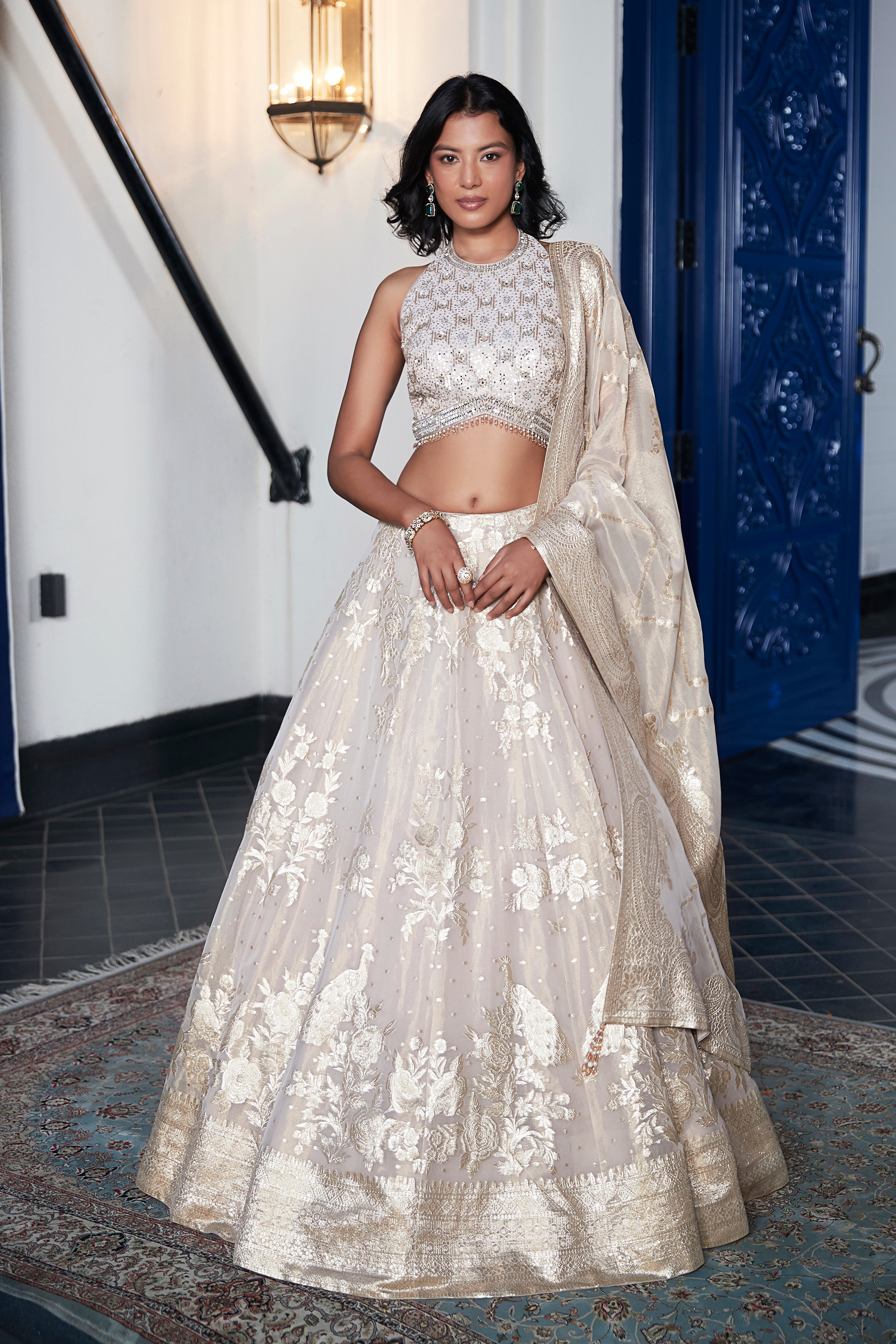 Ivory Banarasi Weave Embroidered Lehenga Set - Mokshaa