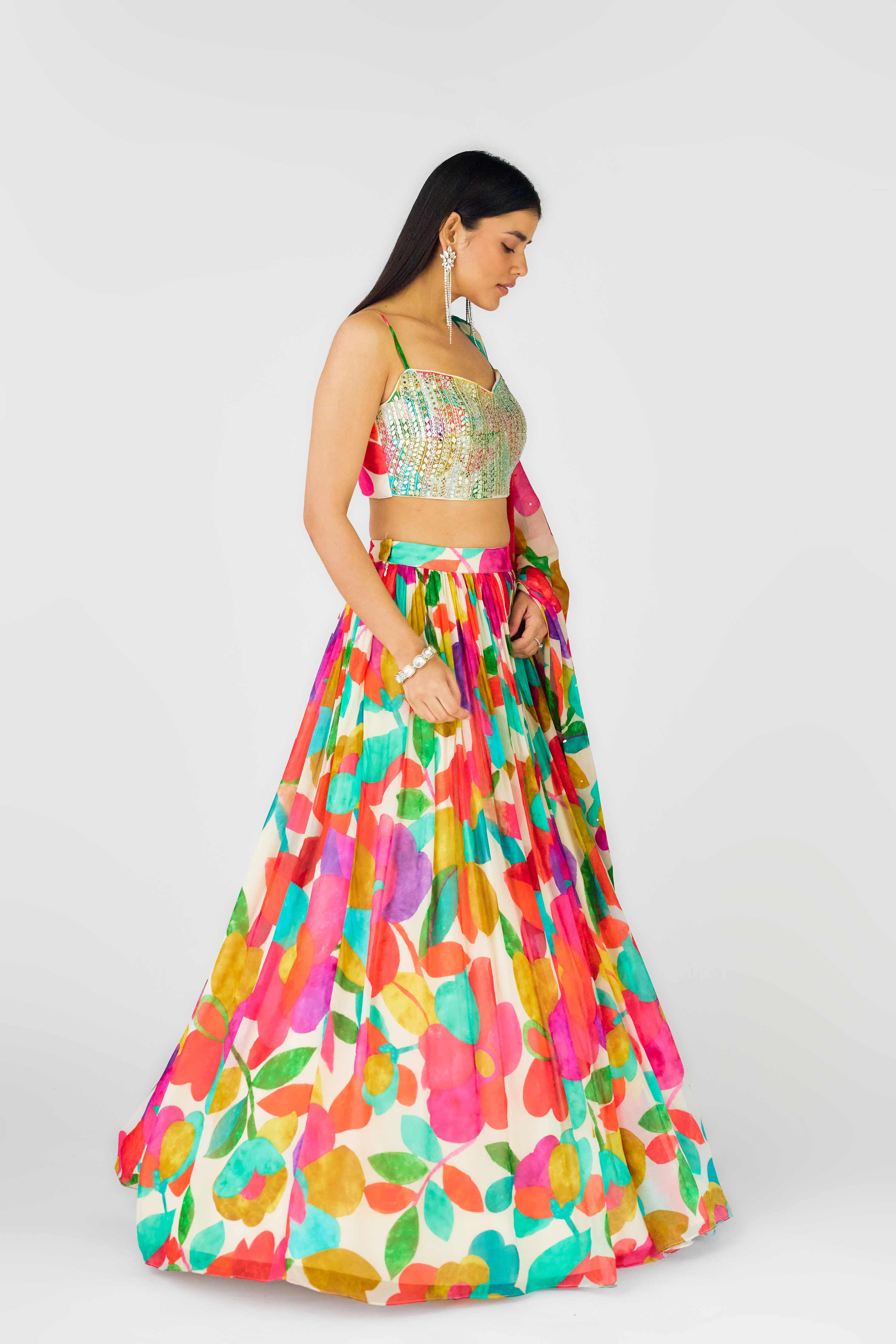 Multicolor Georgette Lehenga with Mirror & Zari Embroidery  Mokshaa