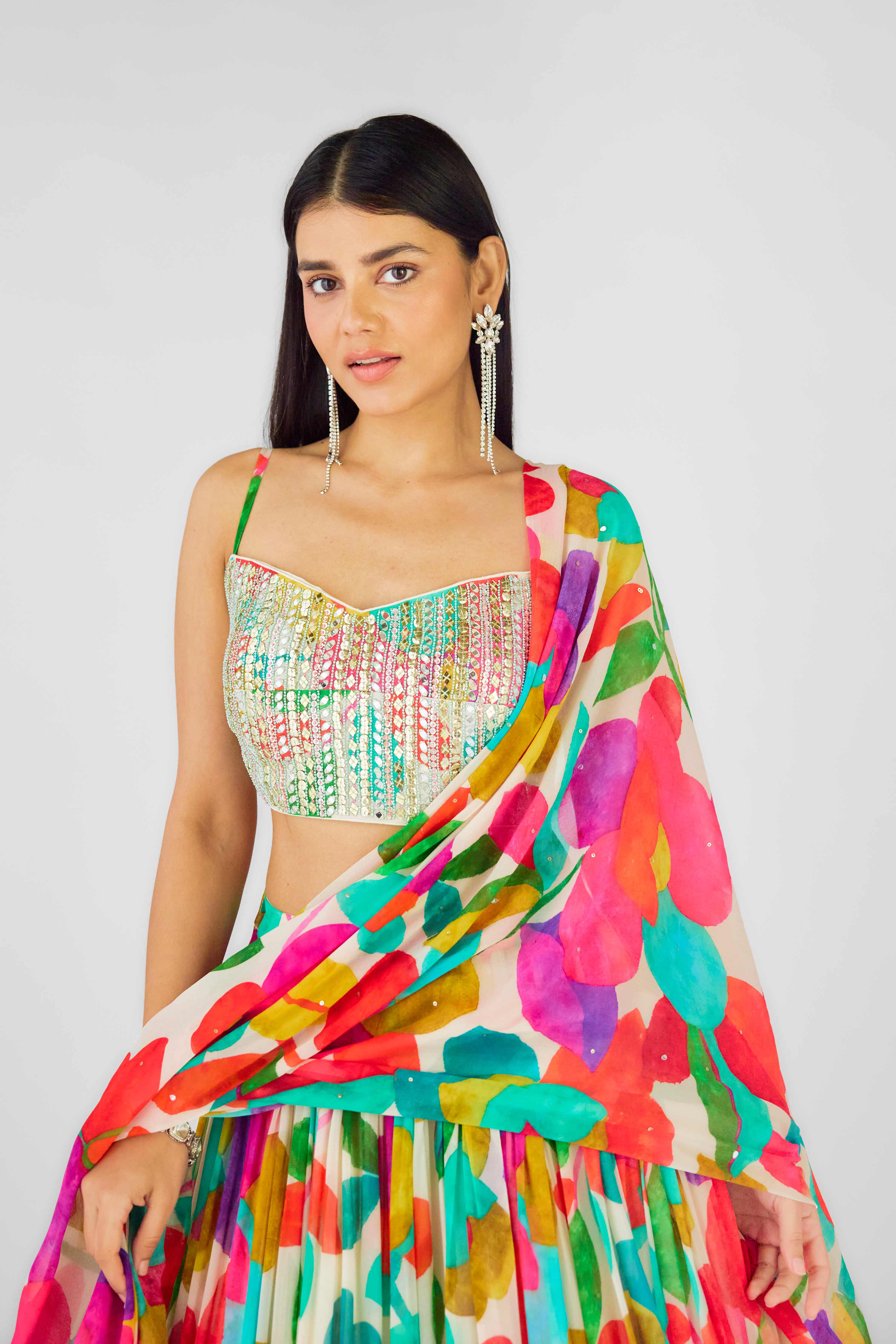 Multicolor Georgette Lehenga with Mirror & Zari Embroidery  Mokshaa