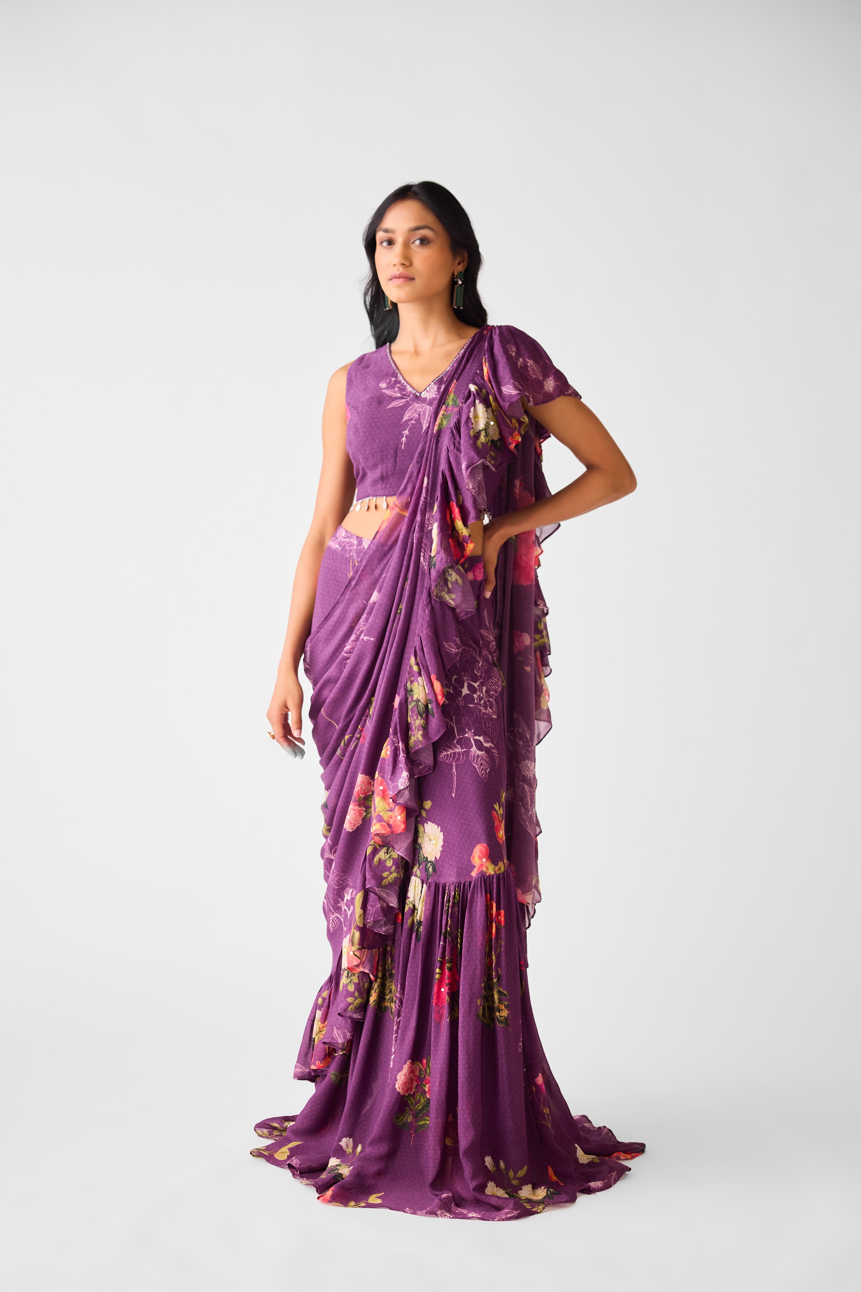 Purple Embroidered Chinon Floral Saree - Mokshaa