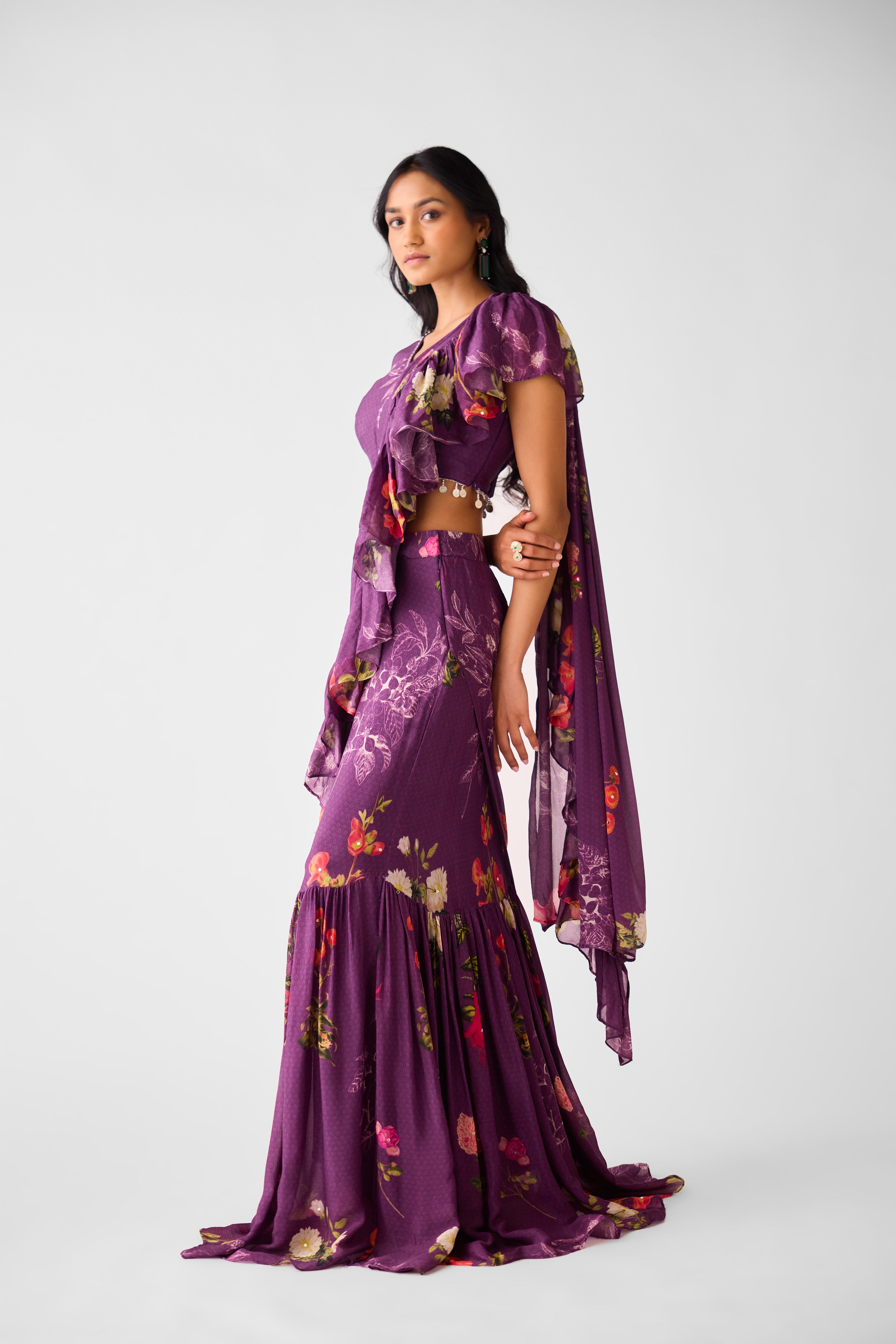 Purple Embroidered Chinon Floral Saree - Mokshaa