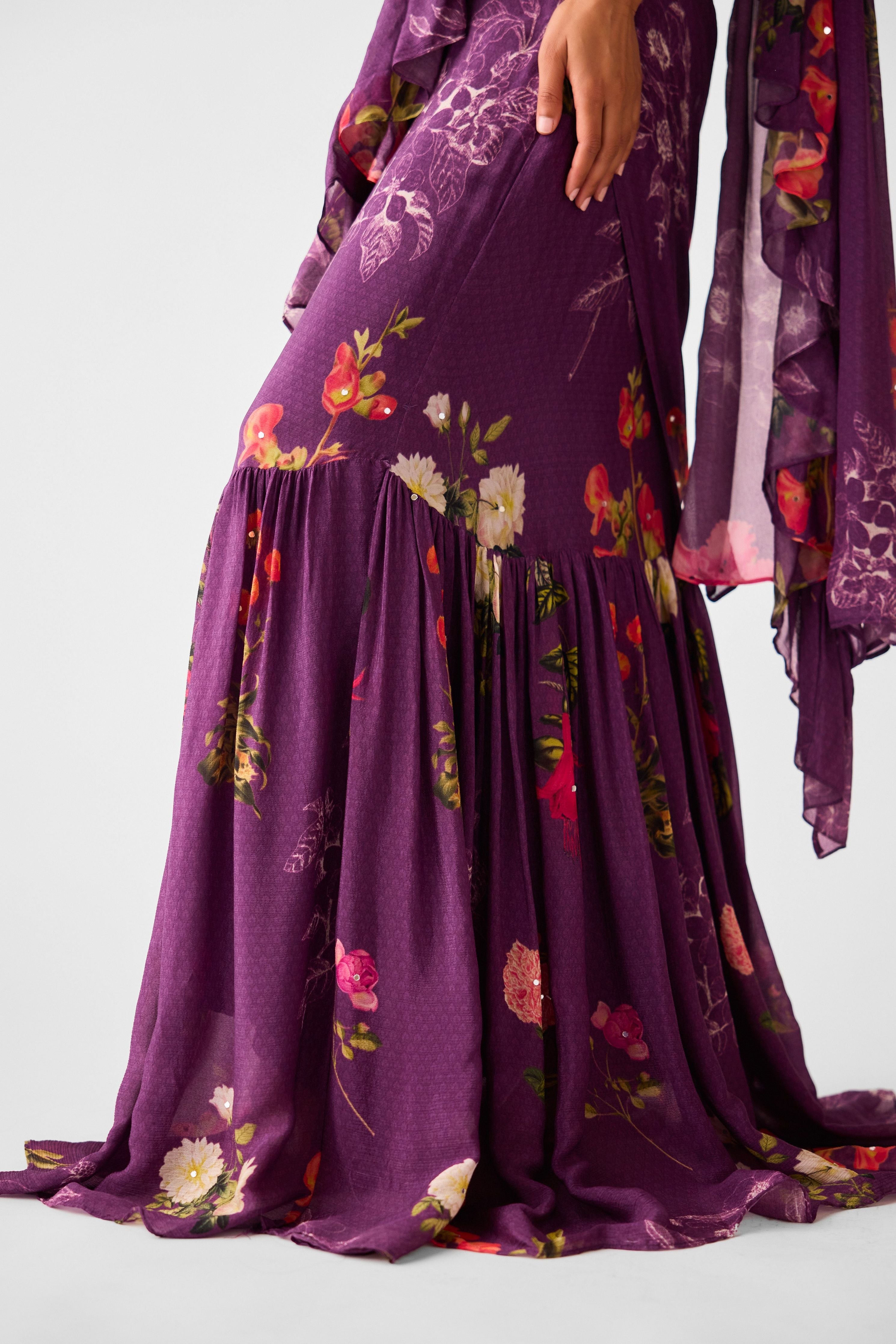 Purple Embroidered Chinon Floral Saree - Mokshaa