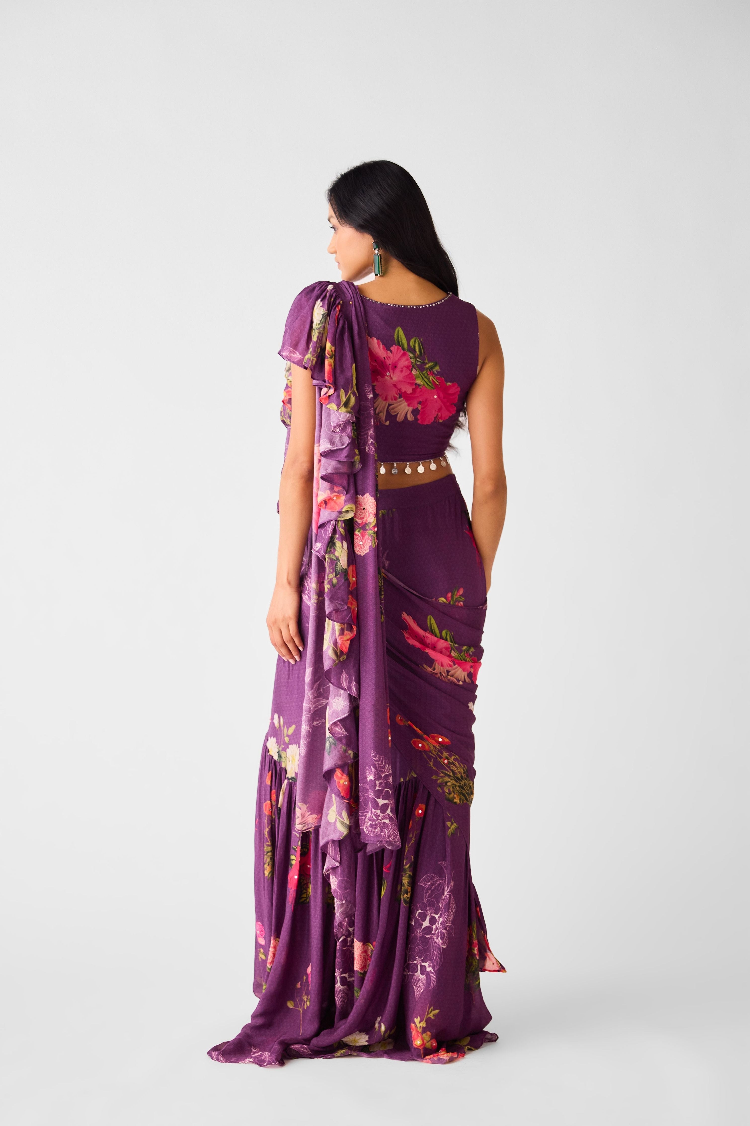Purple Embroidered Chinon Floral Saree - Mokshaa