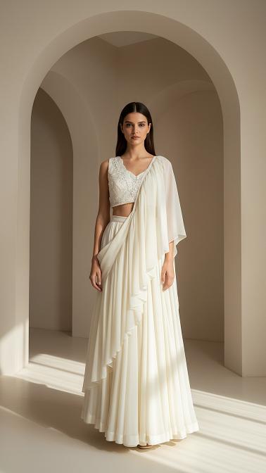Ivory Organza Embroidered Pleated Saree