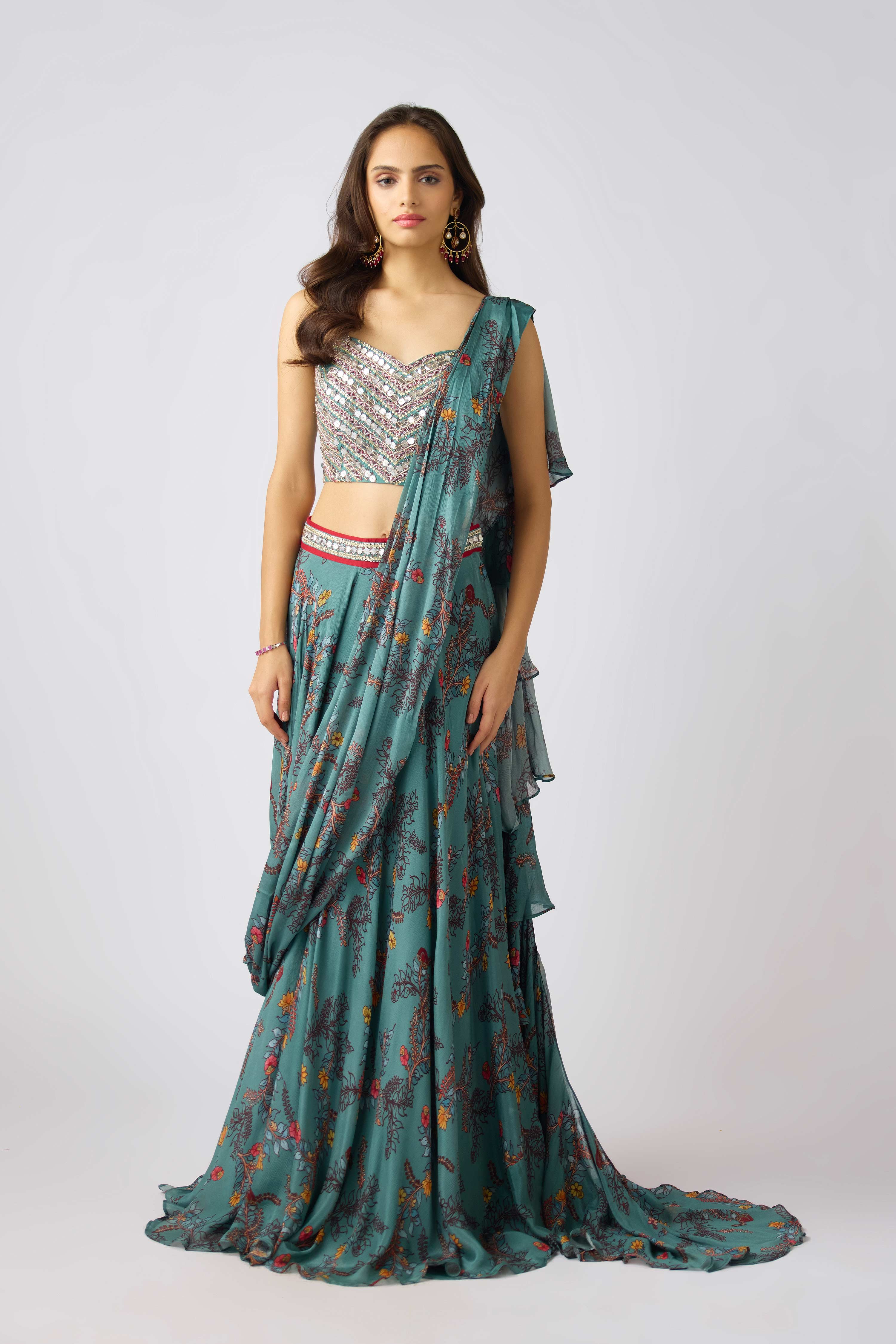 Sage Green Chinon Embroidered Pre- Draped Saree  Mokshaa