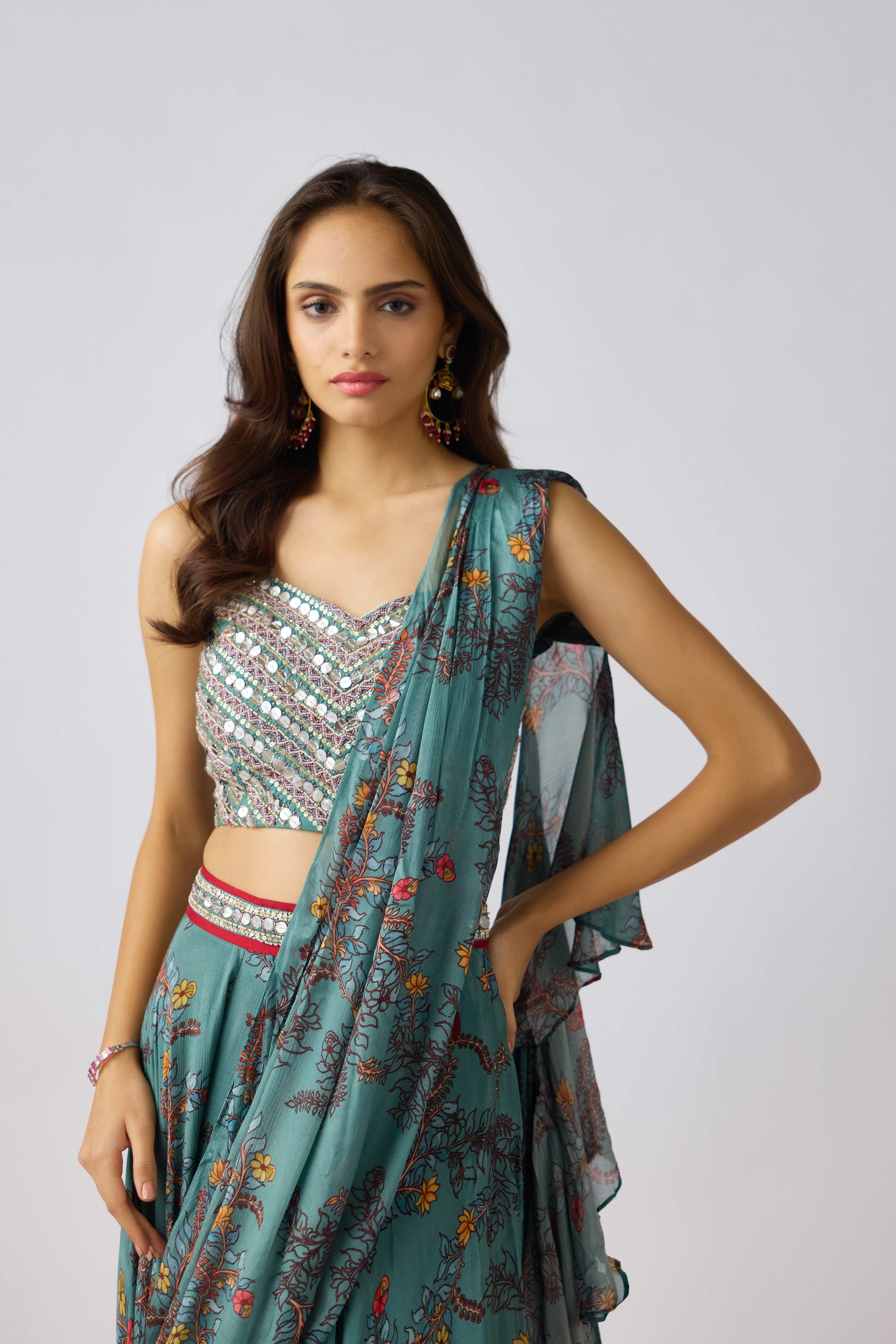 Sage Green Chinon Embroidered Pre- Draped Saree  Mokshaa