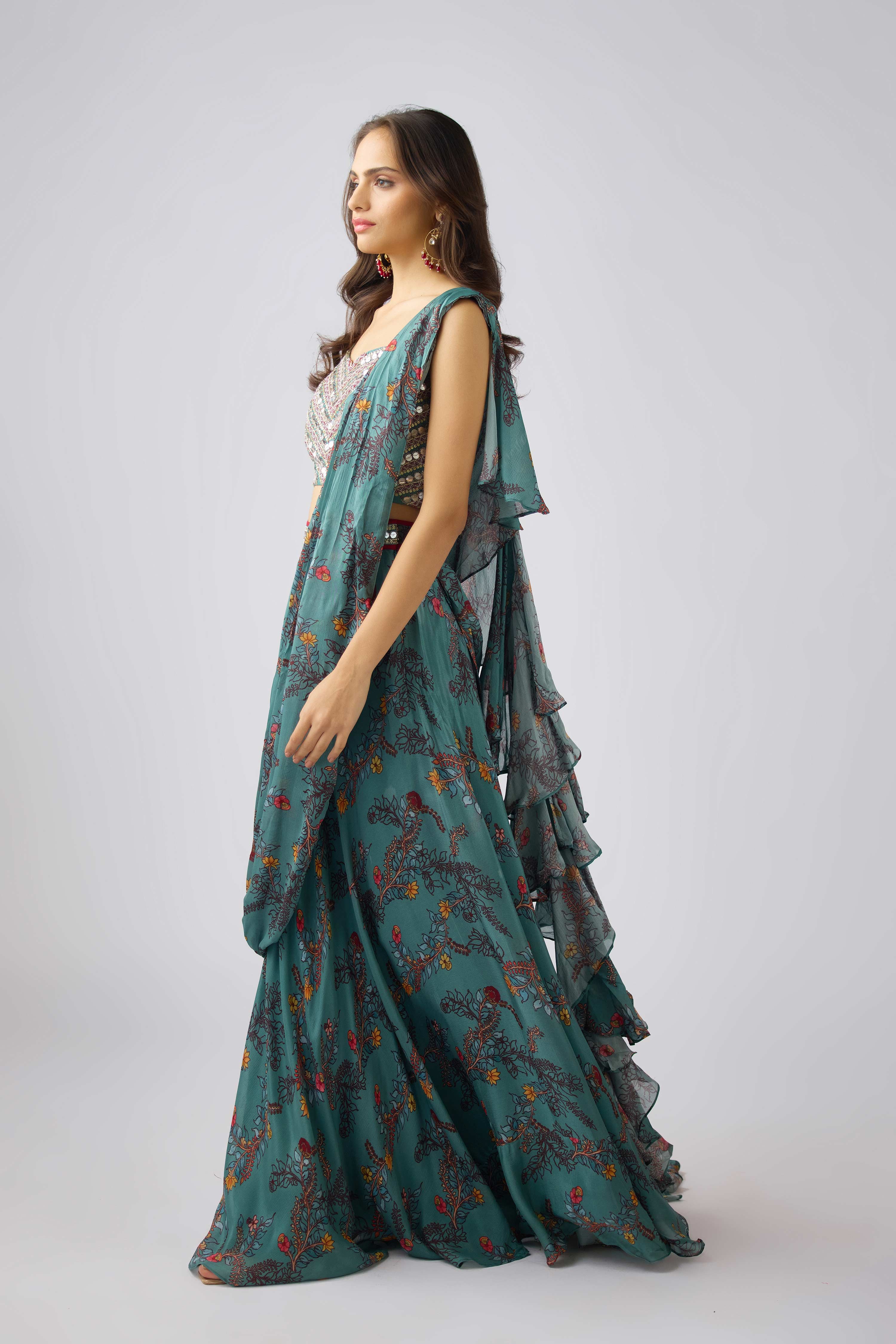 Sage Green Chinon Embroidered Pre- Draped Saree  Mokshaa