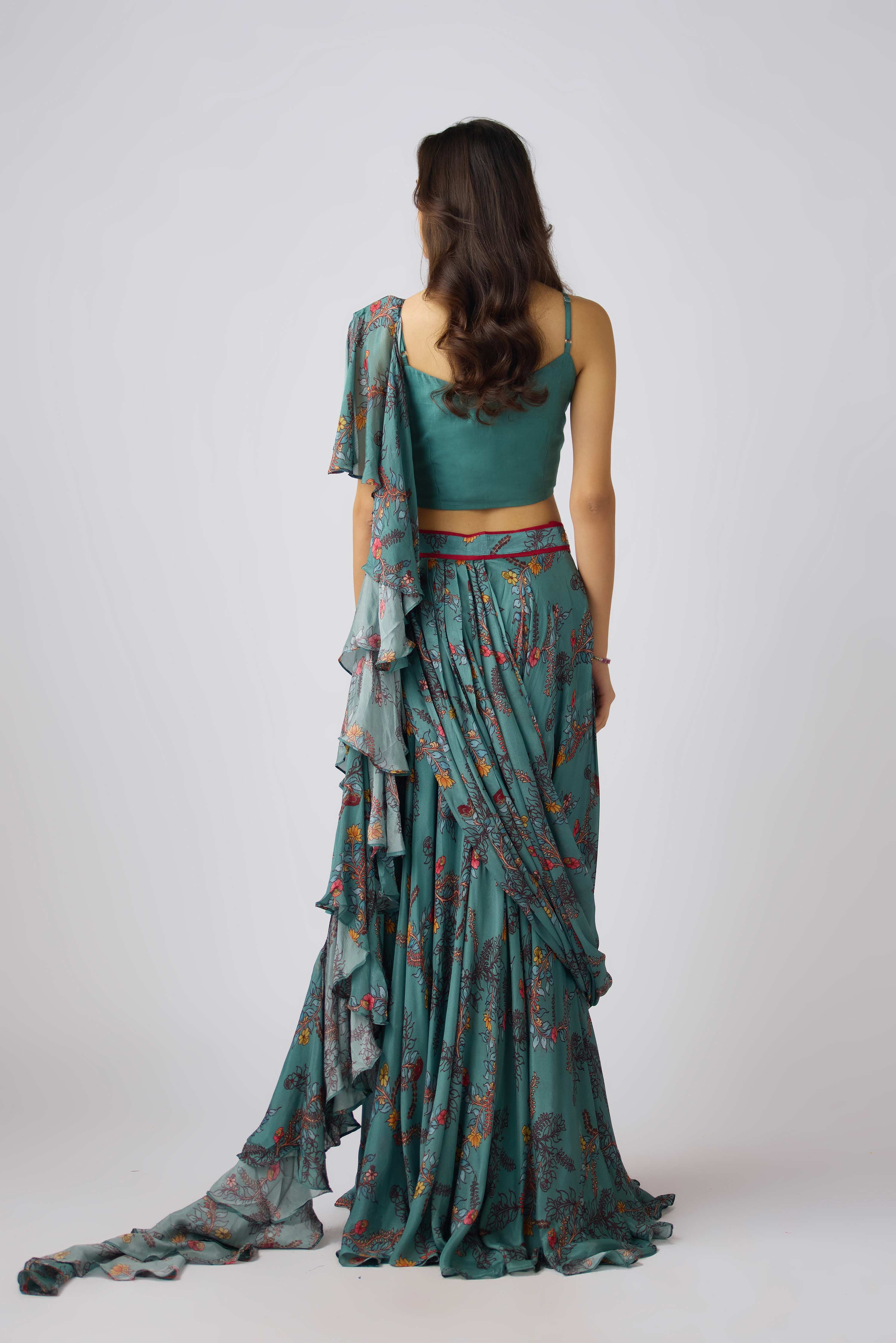 Sage Green Chinon Embroidered Pre- Draped Saree  Mokshaa