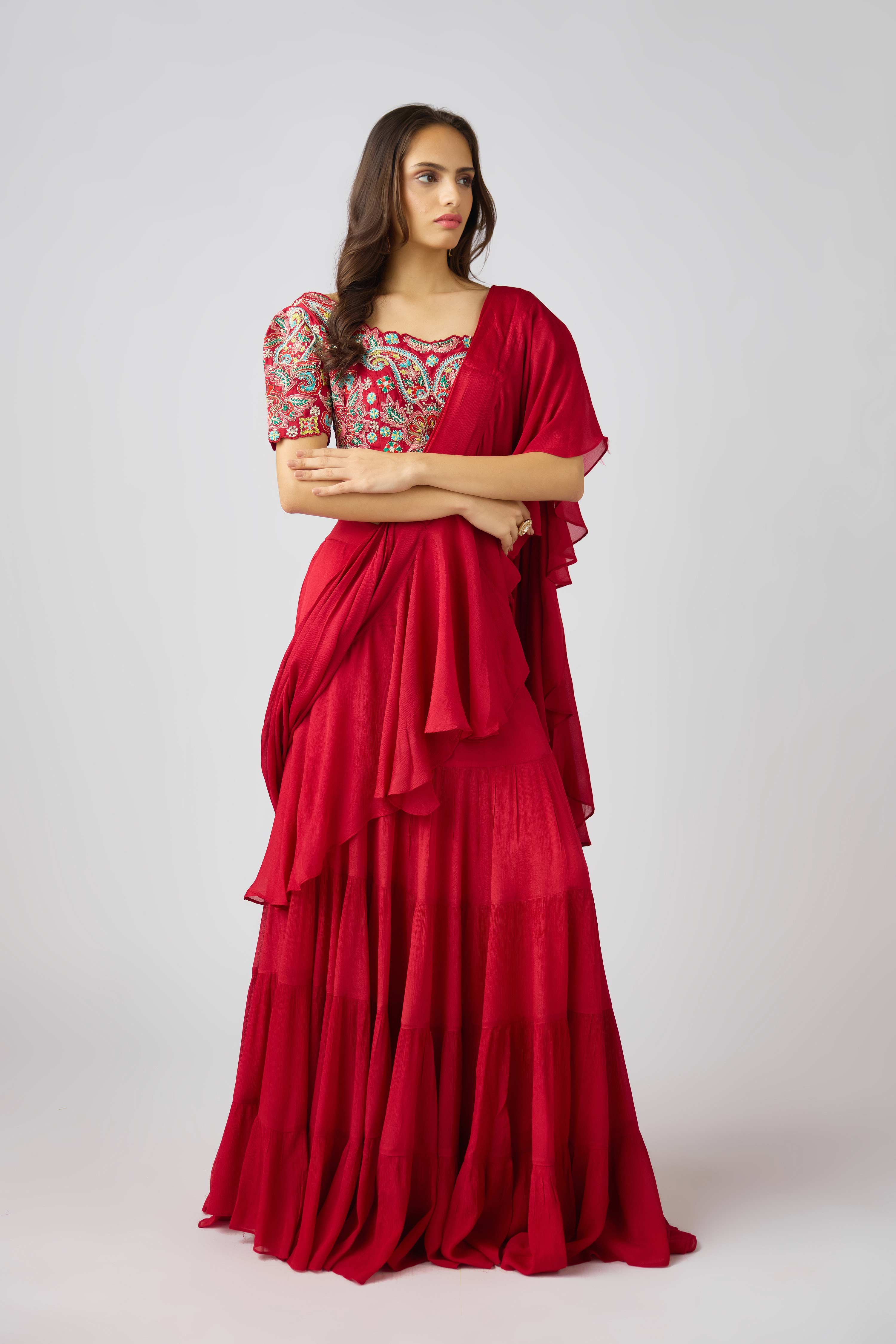 Red Chinon Embroidered Pre- Draped Saree  Mokshaa