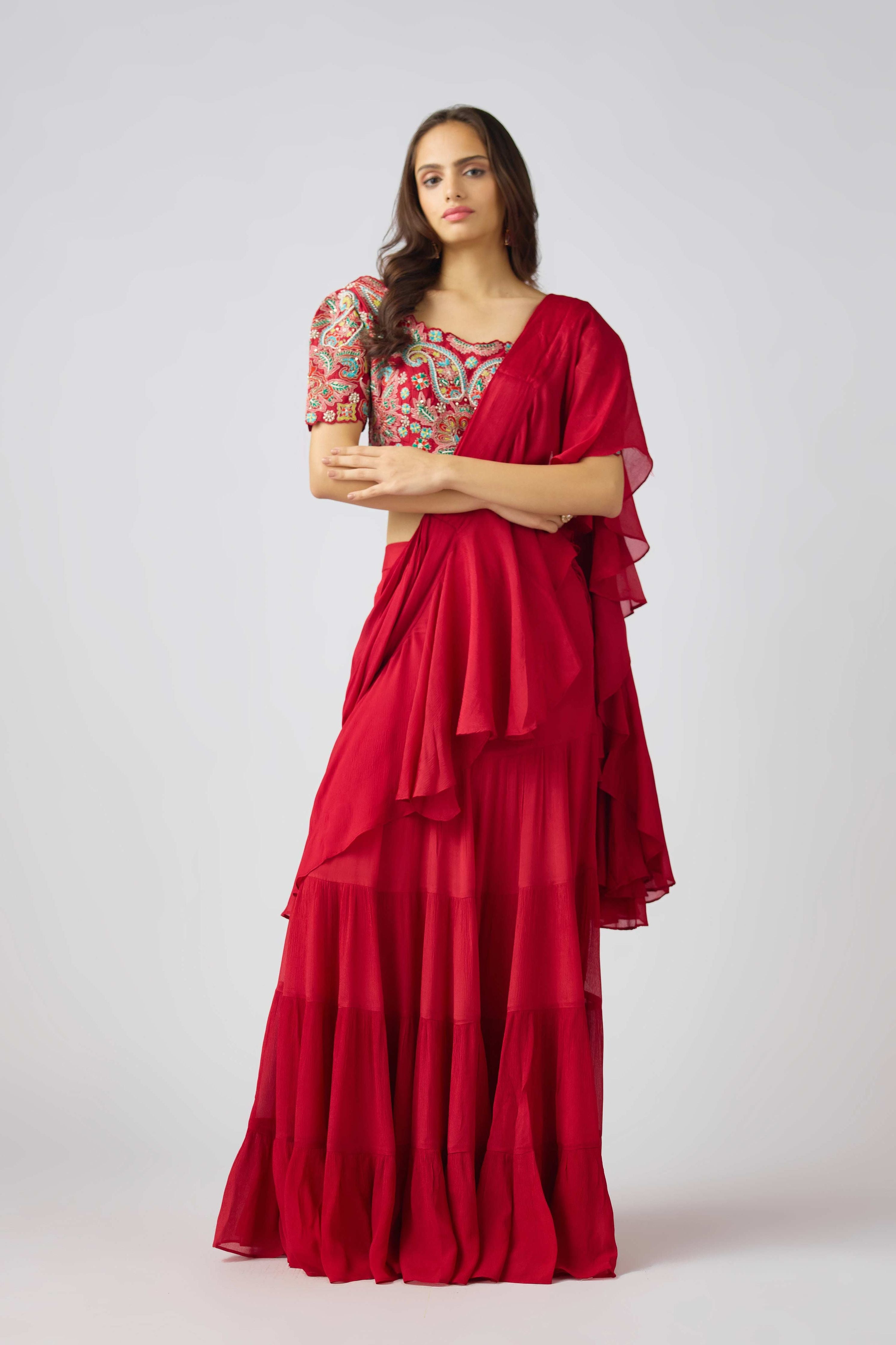 Red Chinon Embroidered Pre- Draped Saree  Mokshaa