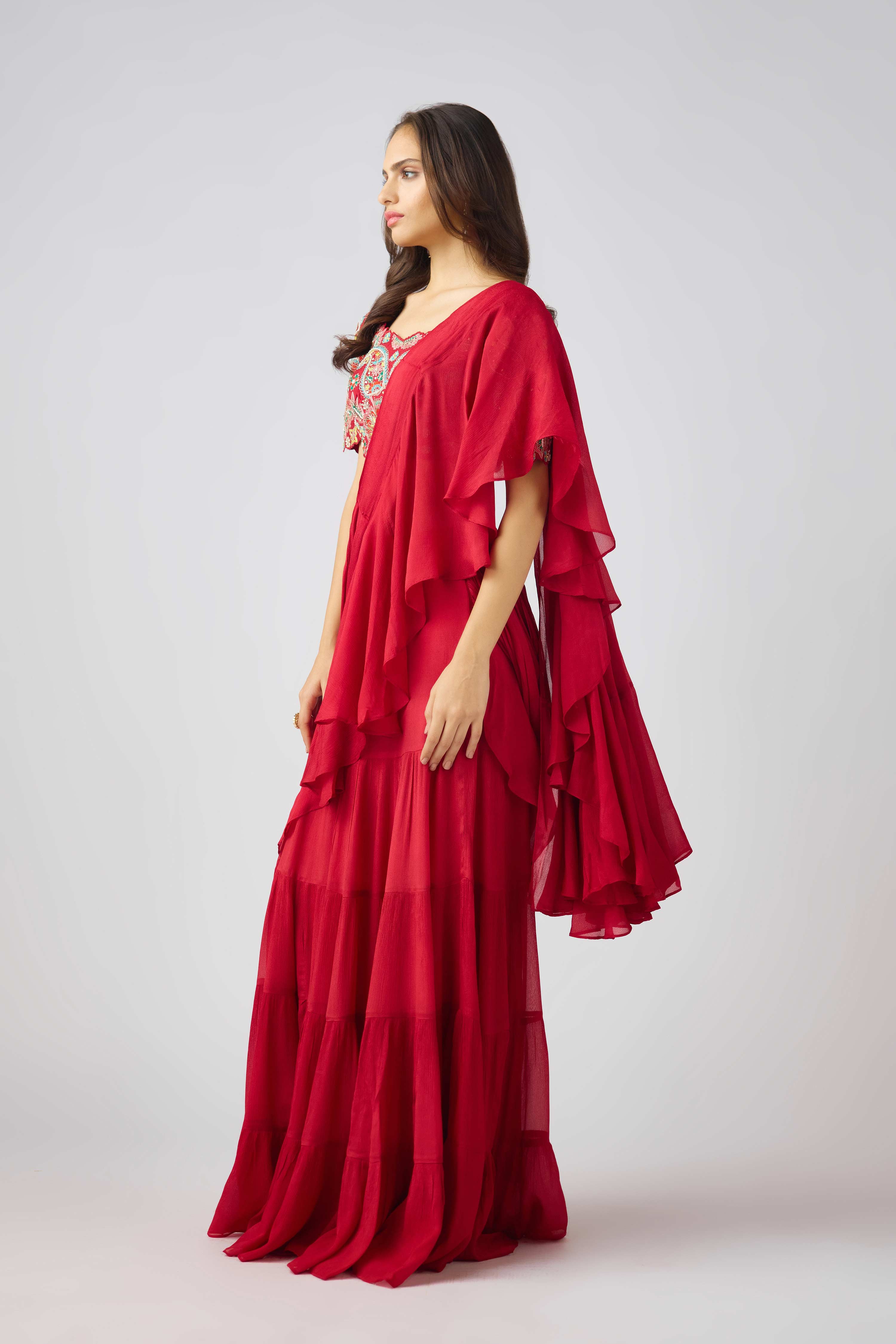 Red Chinon Embroidered Pre- Draped Saree  Mokshaa