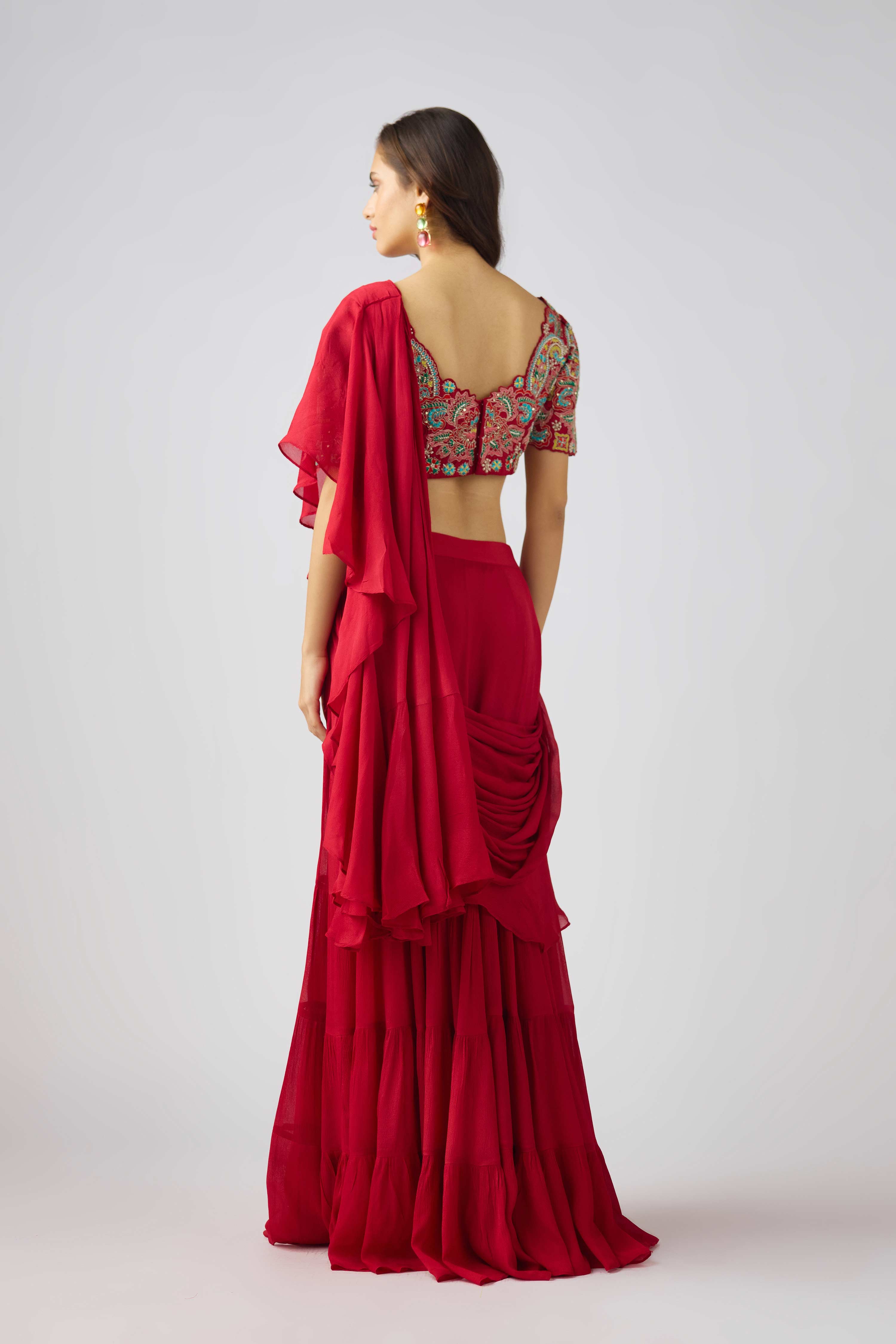 Red Chinon Embroidered Pre- Draped Saree  Mokshaa