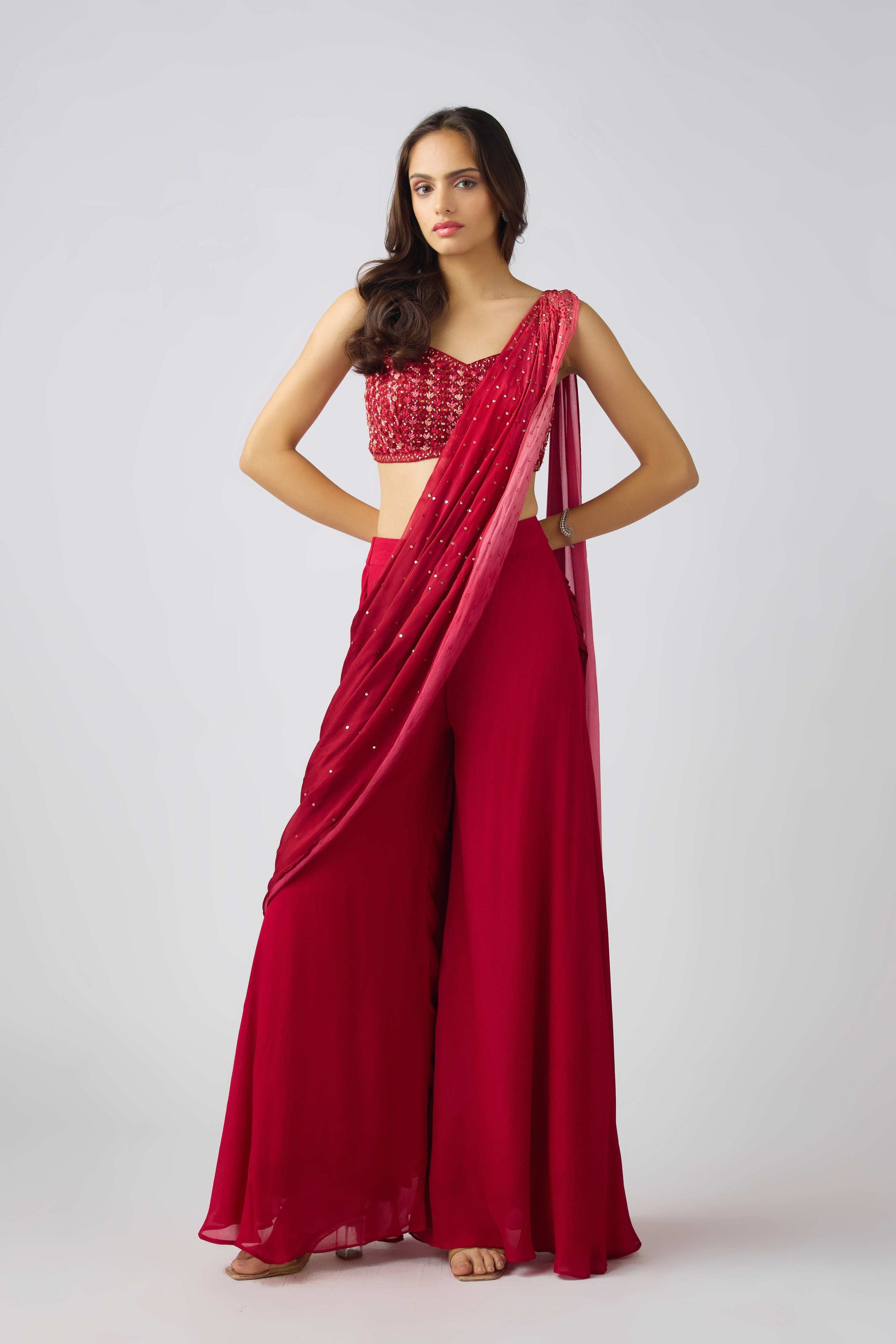 Red Chinon Embroidered Saree  Mokshaa