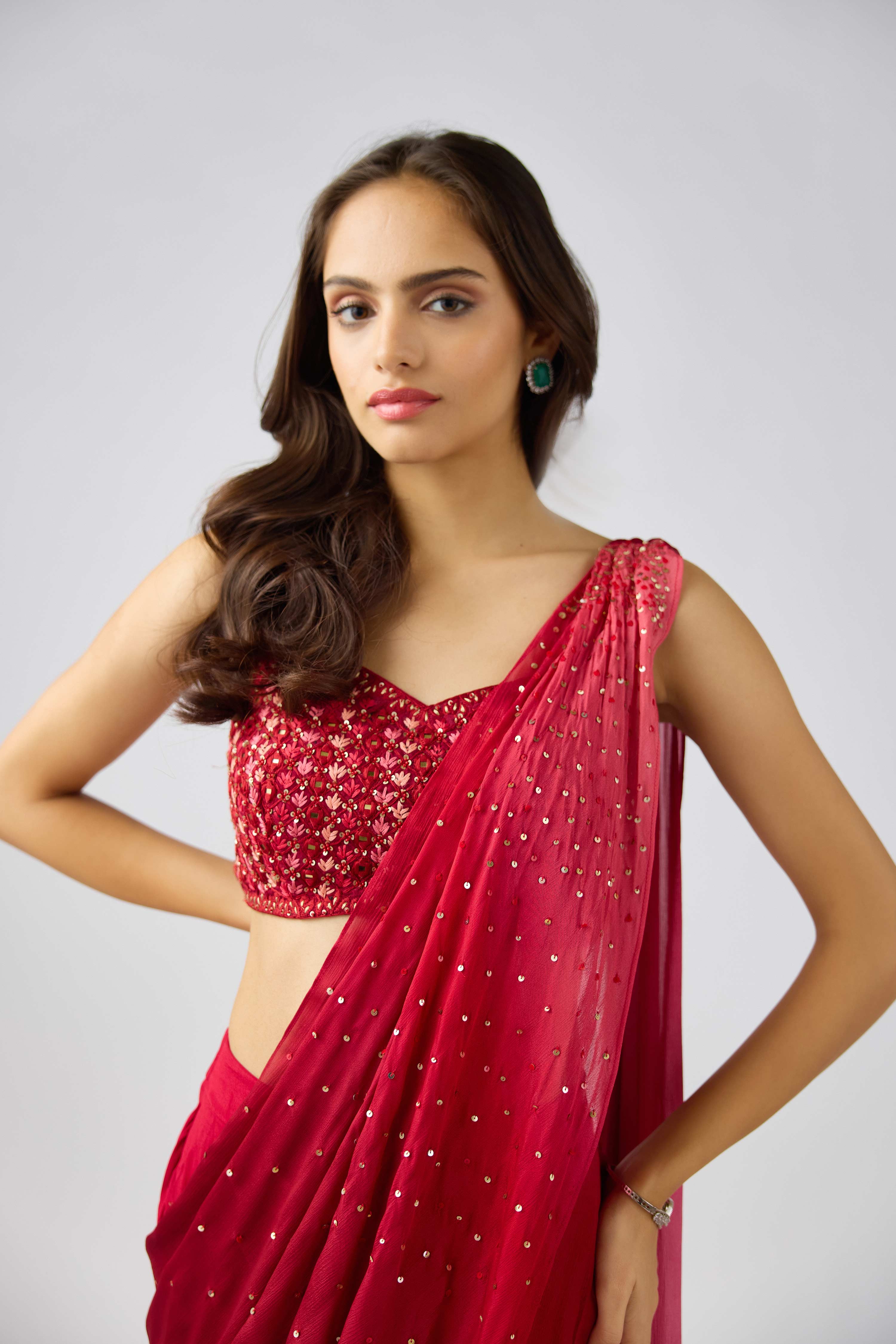 Red Chinon Embroidered Saree  Mokshaa