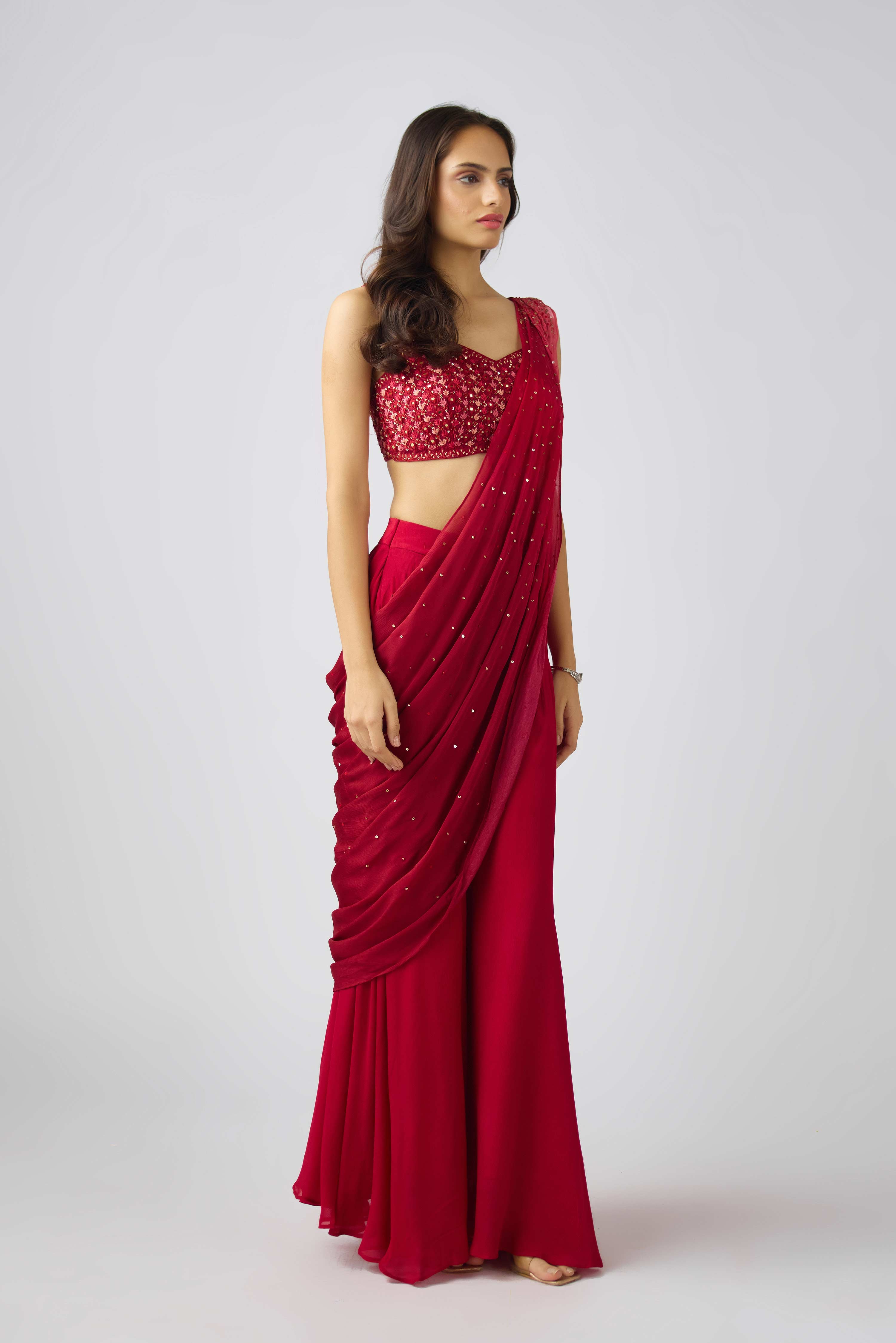 Red Chinon Embroidered Saree  Mokshaa