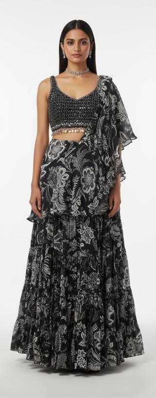 Black Crepe Draped Saree Set