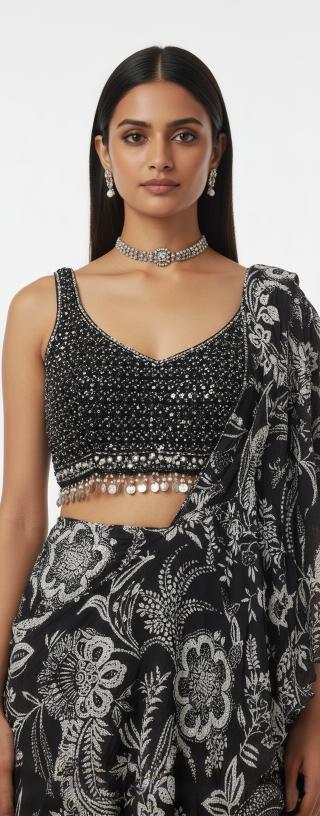 Black Crepe Draped Saree Set