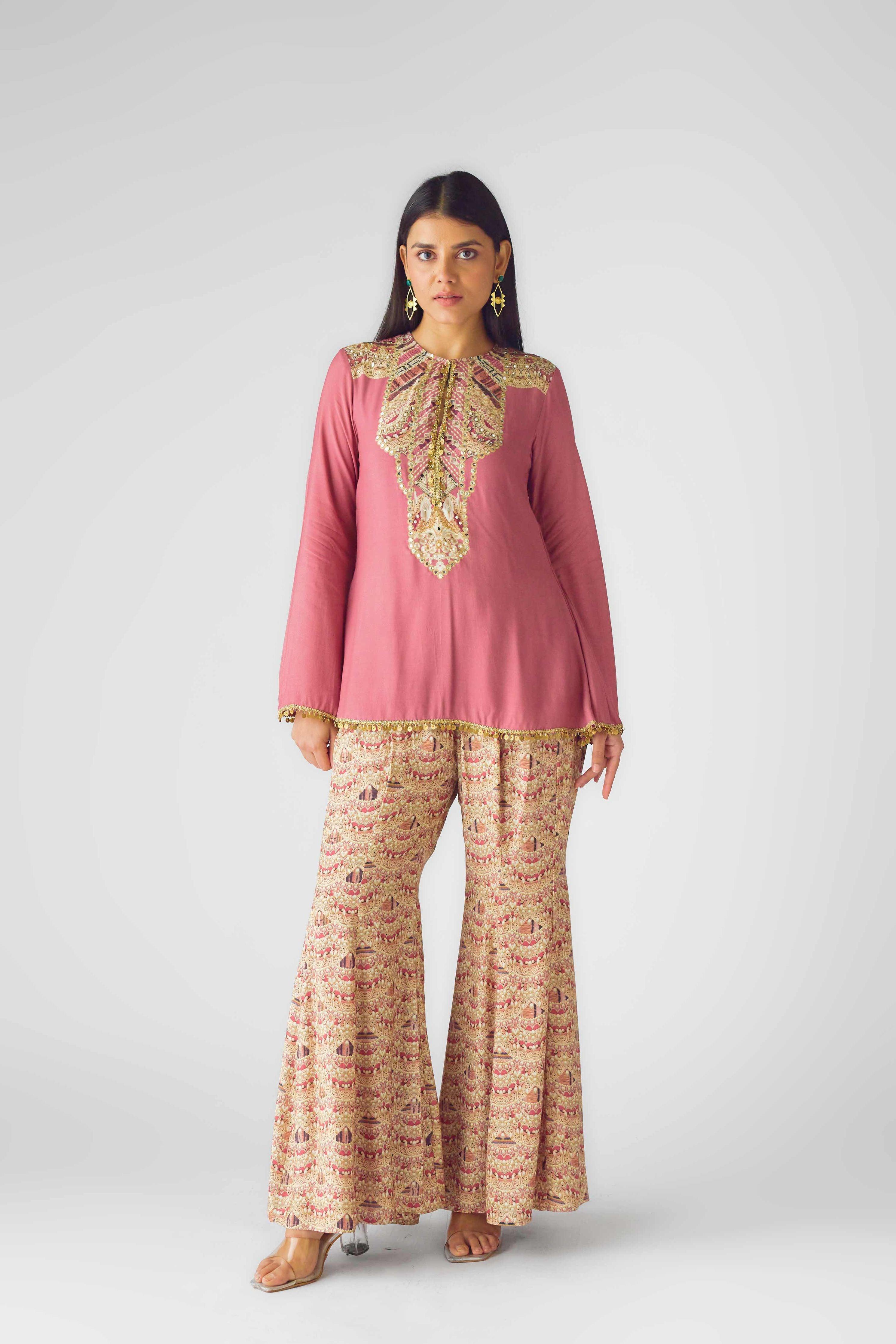 Pink Muslin Embroidered Sharara Set  Mokshaa