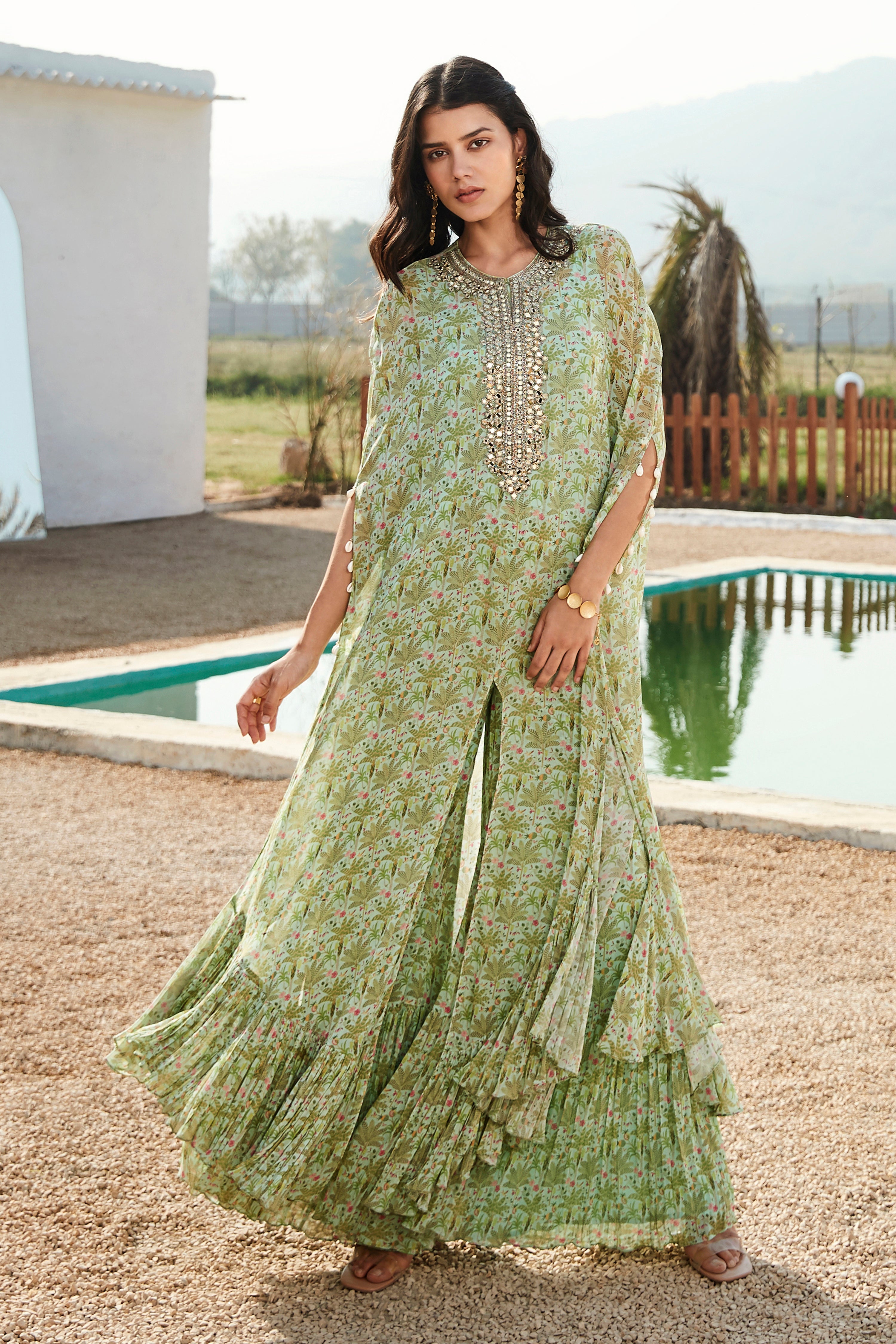 Pista Kaftan With Sharara - Mokshaa