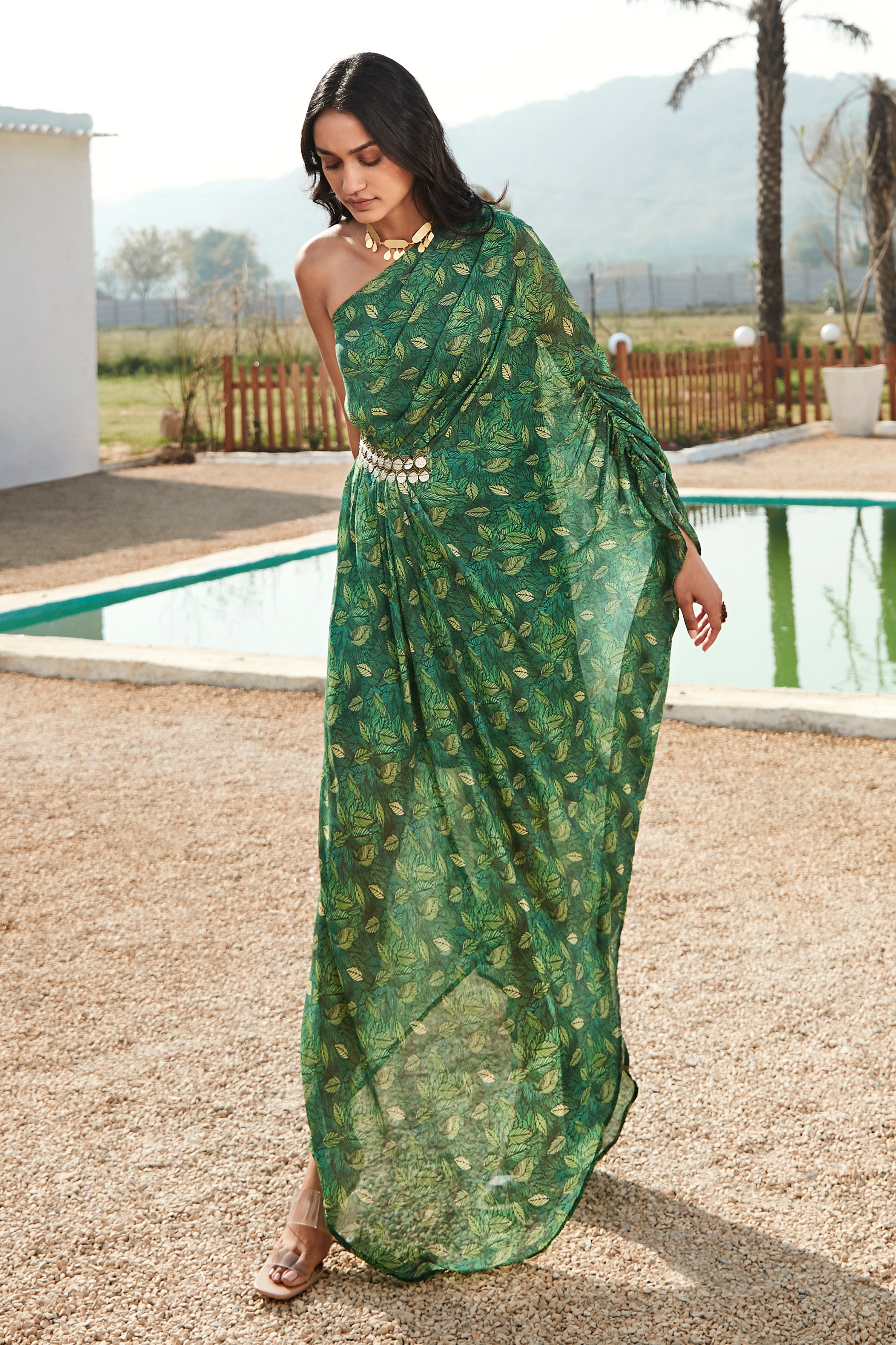 Green Georgette Kaftan - Mokshaa