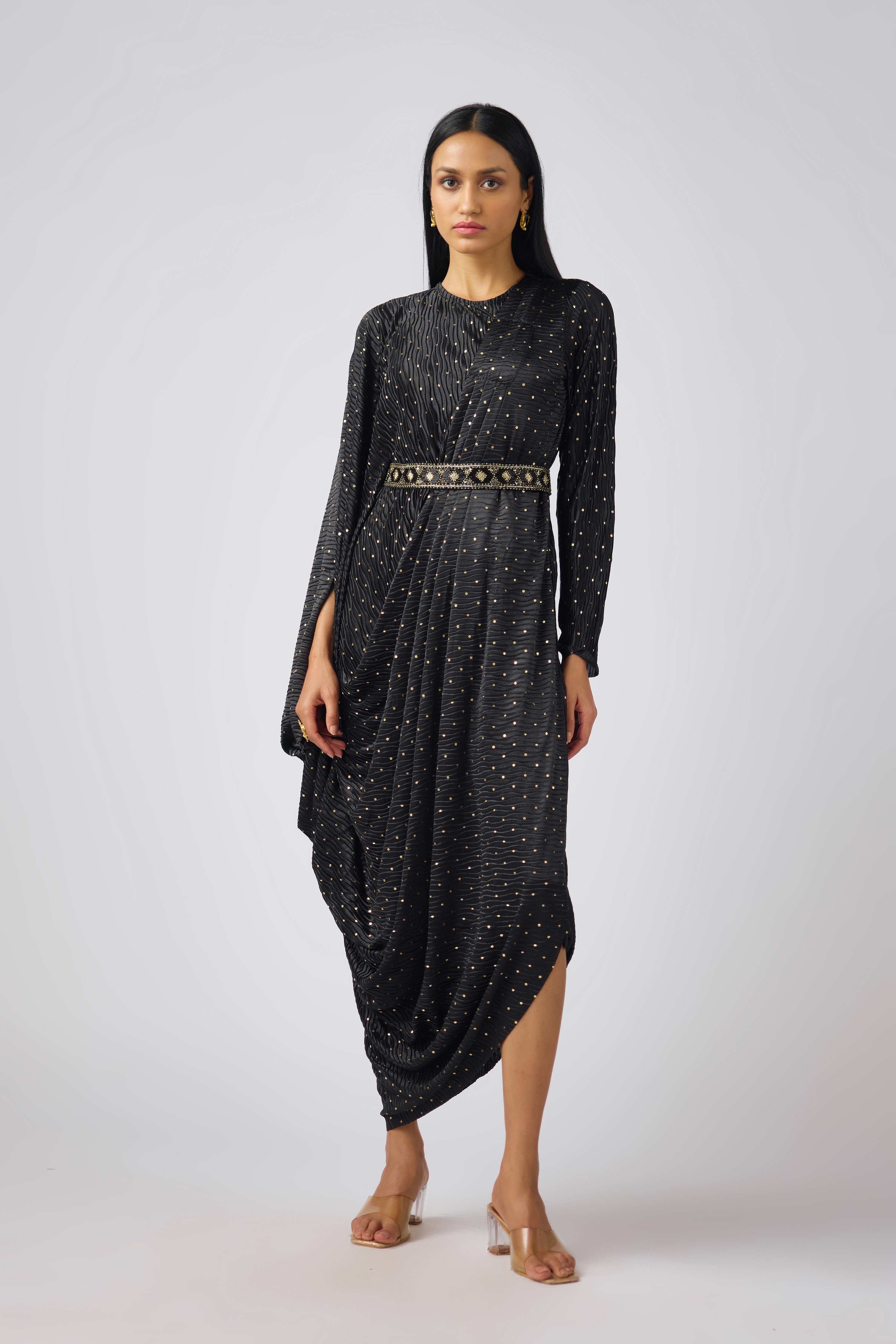 Black Crushed Organza Embellished Dress  Mokshaa