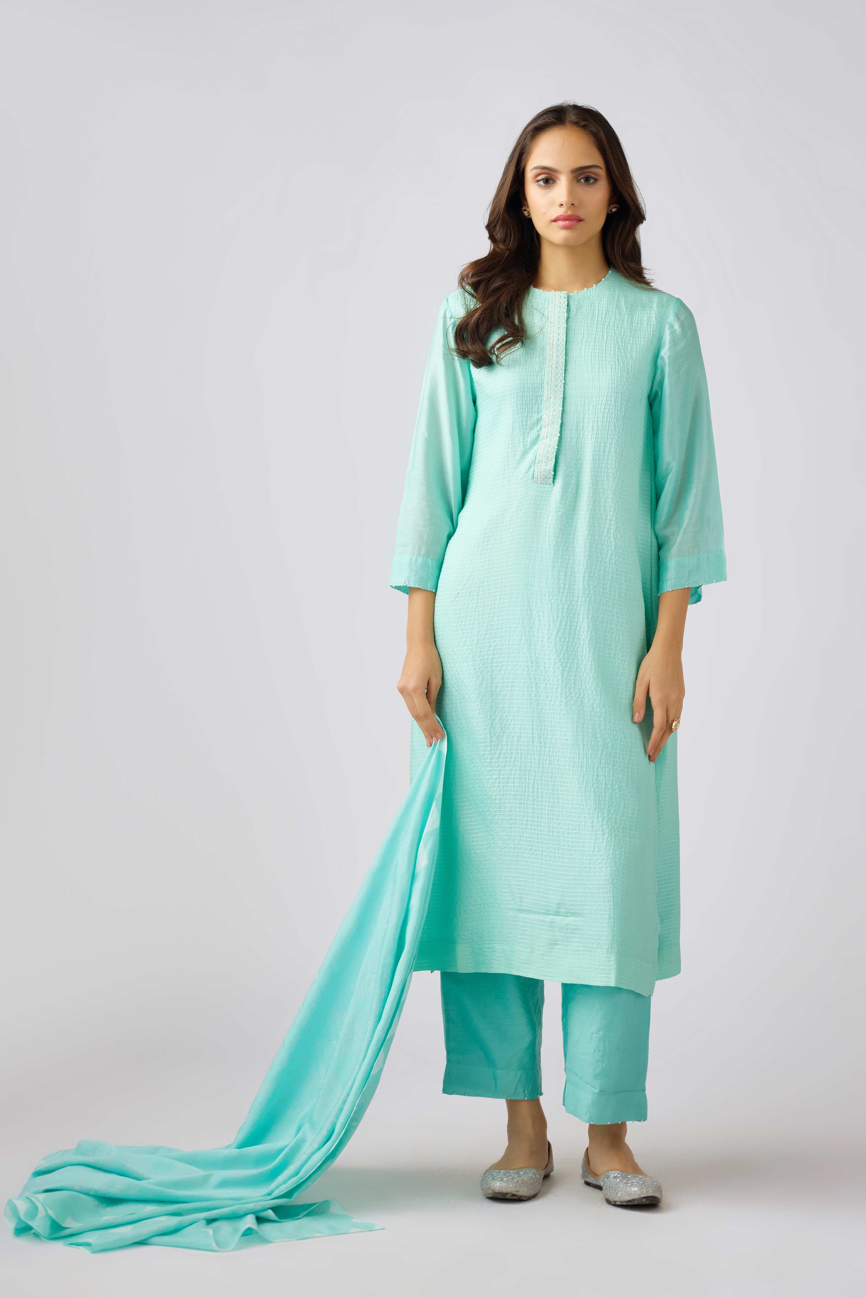 Aqua Muslin Embroidered Suit Set  Mokshaa