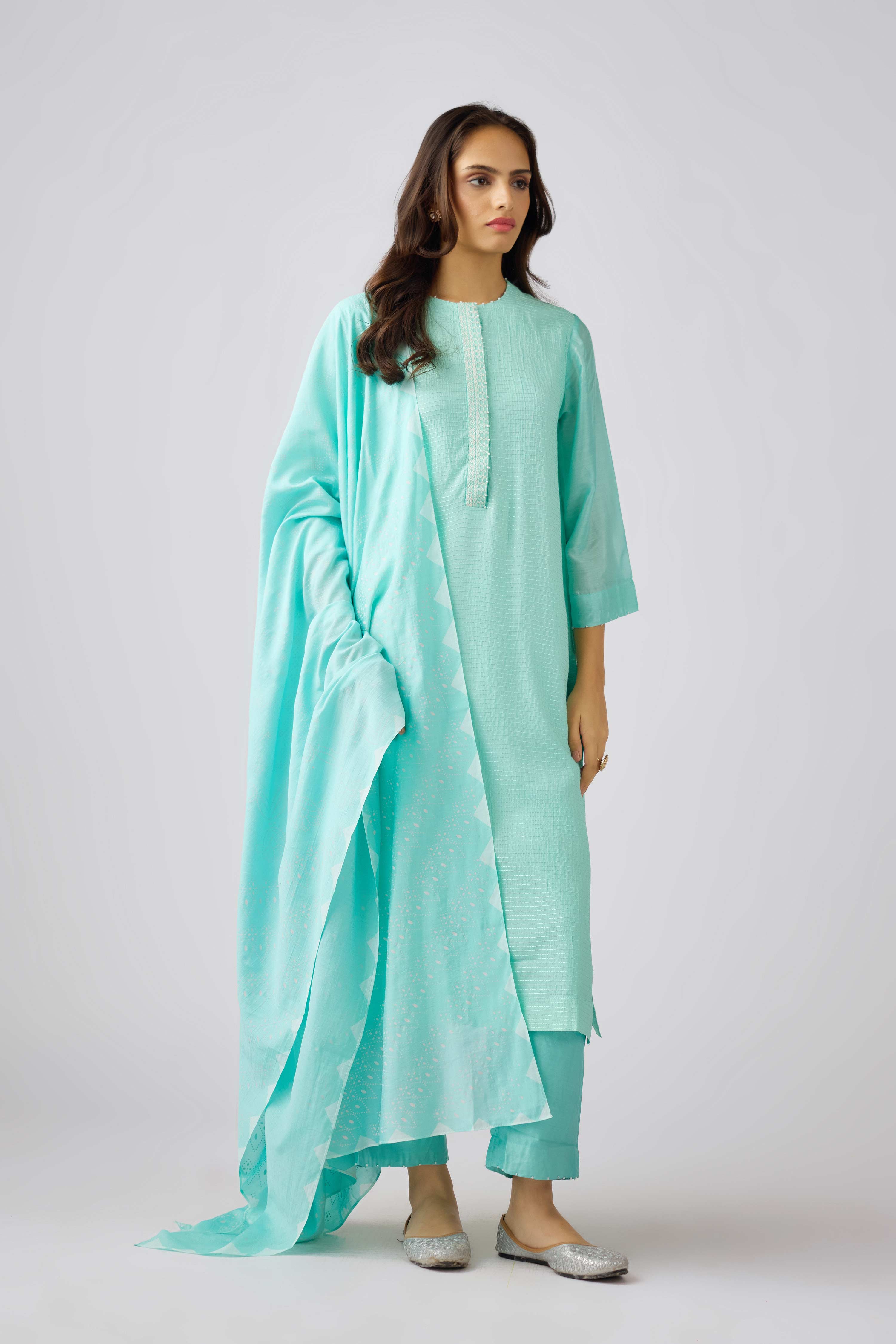 Aqua Muslin Embroidered Suit Set  Mokshaa