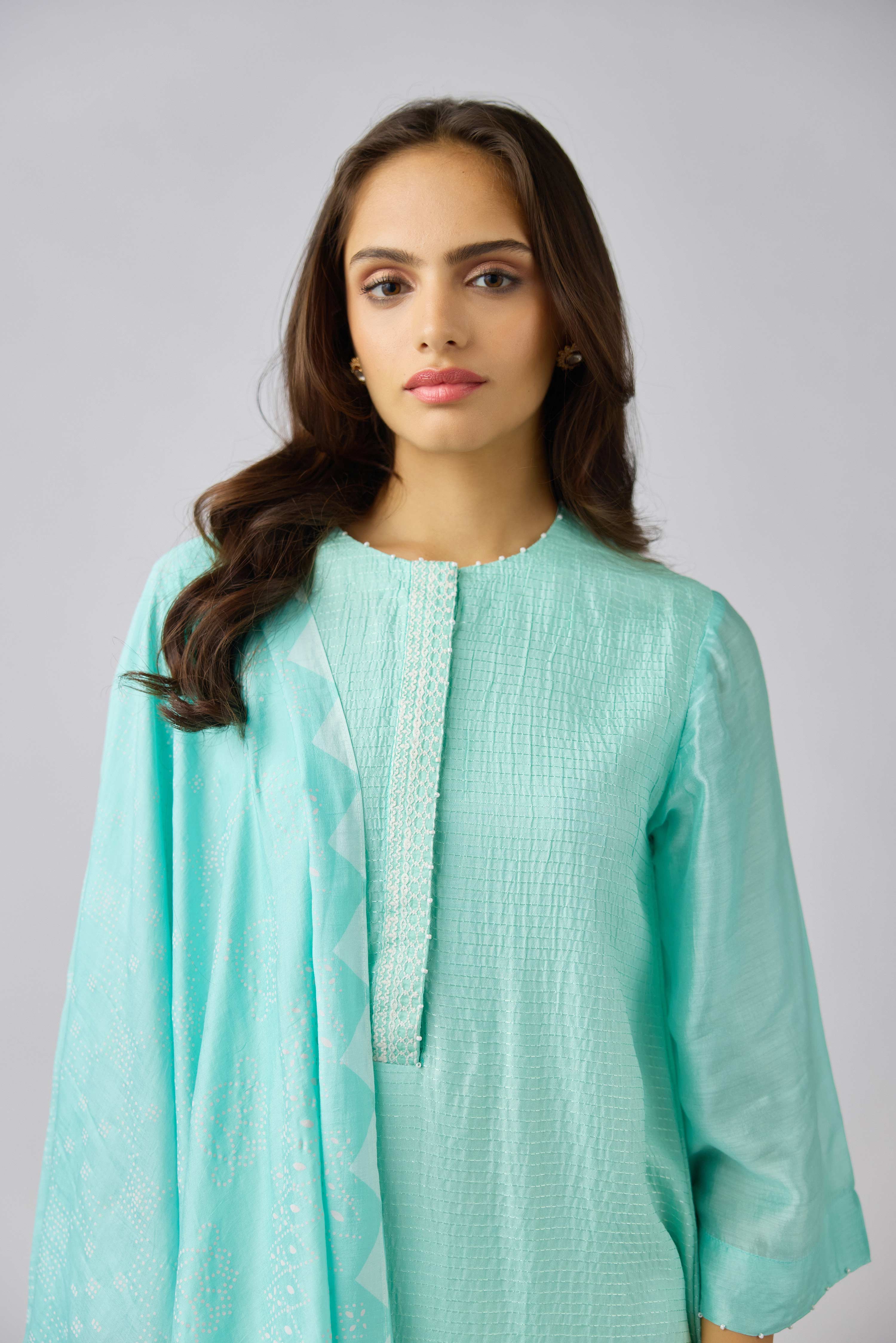 Aqua Muslin Embroidered Suit Set  Mokshaa