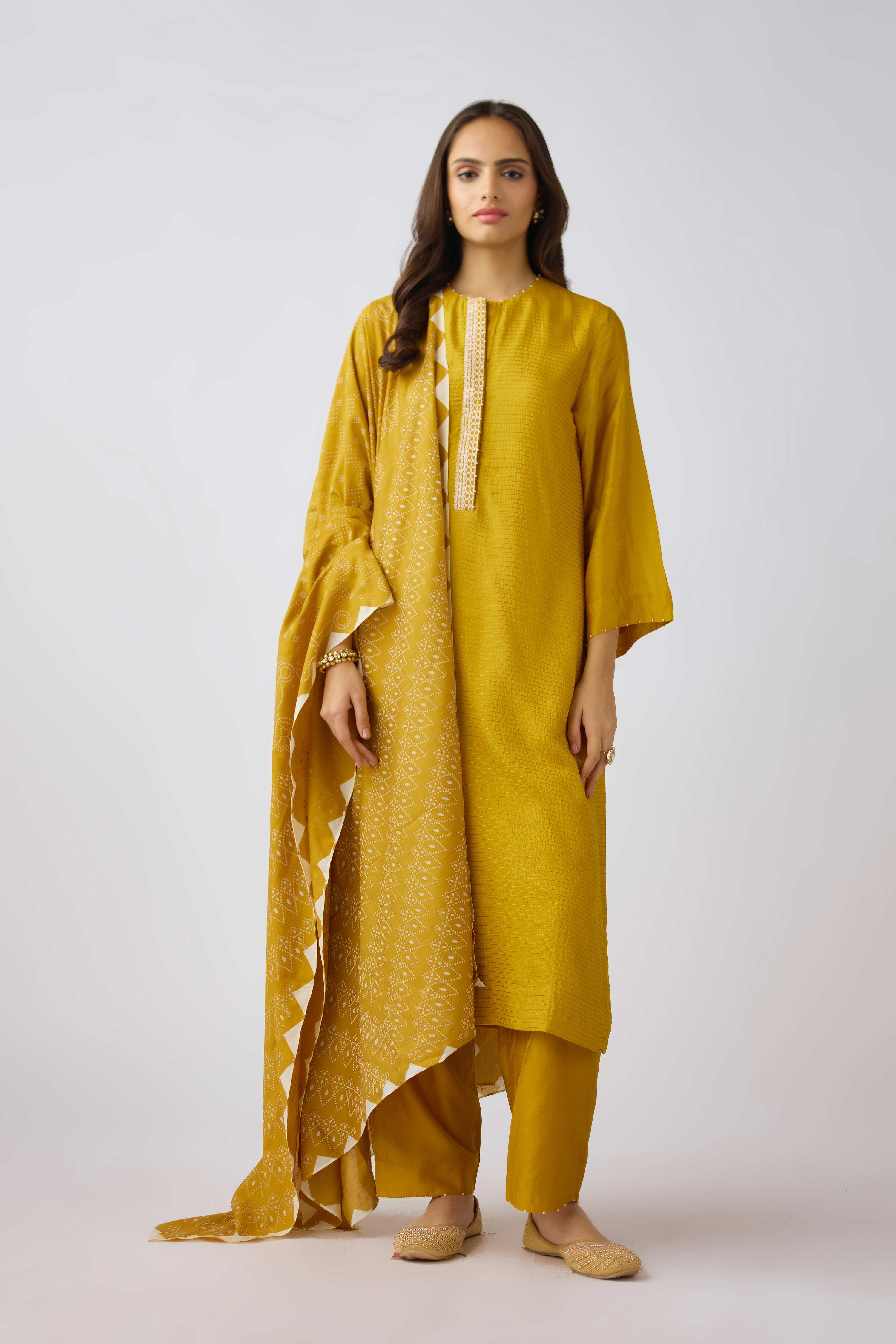 Mustard Muslin Embroidered Suit Set  Mokshaa