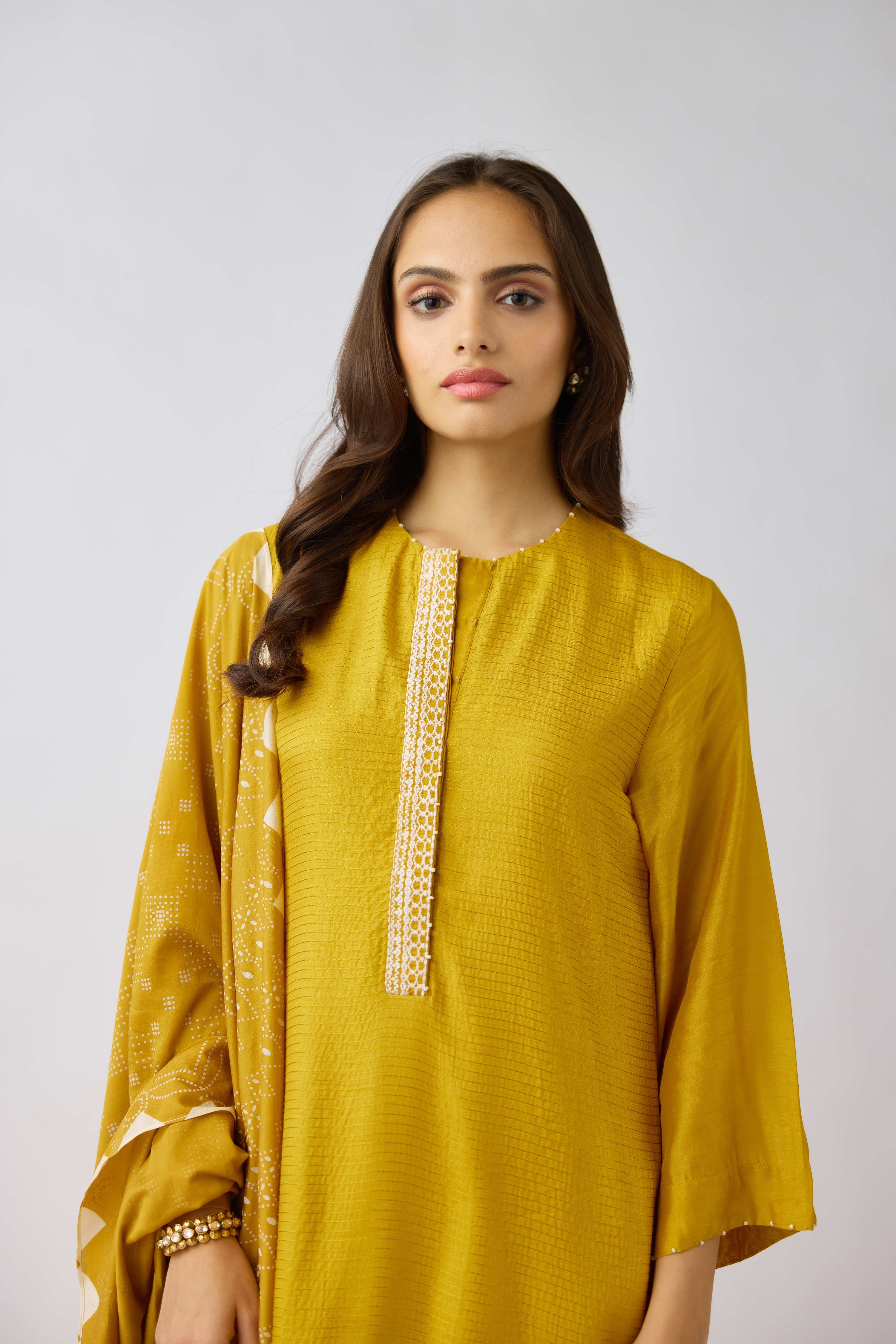 Mustard Muslin Embroidered Suit Set  Mokshaa