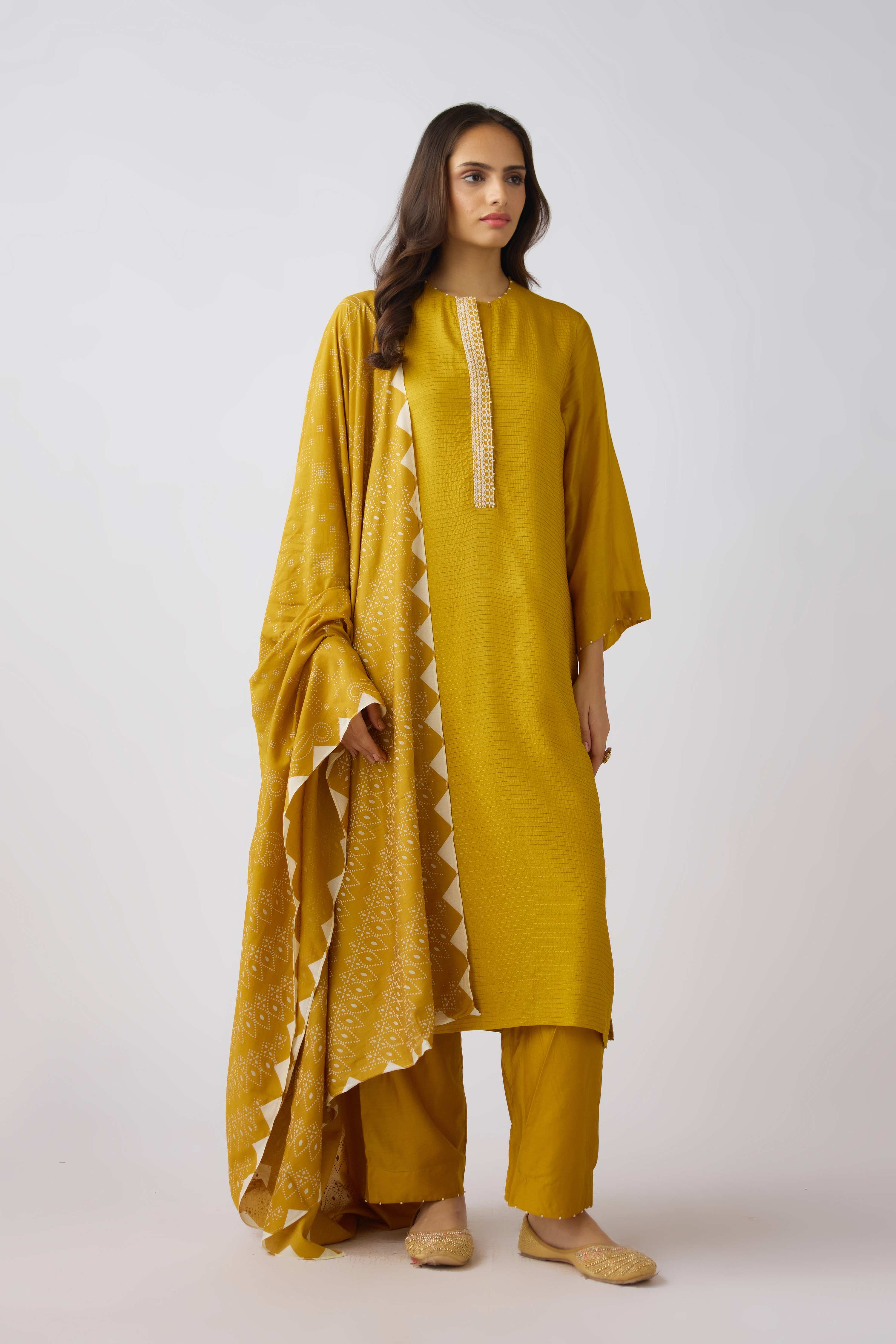 Mustard Muslin Embroidered Suit Set  Mokshaa