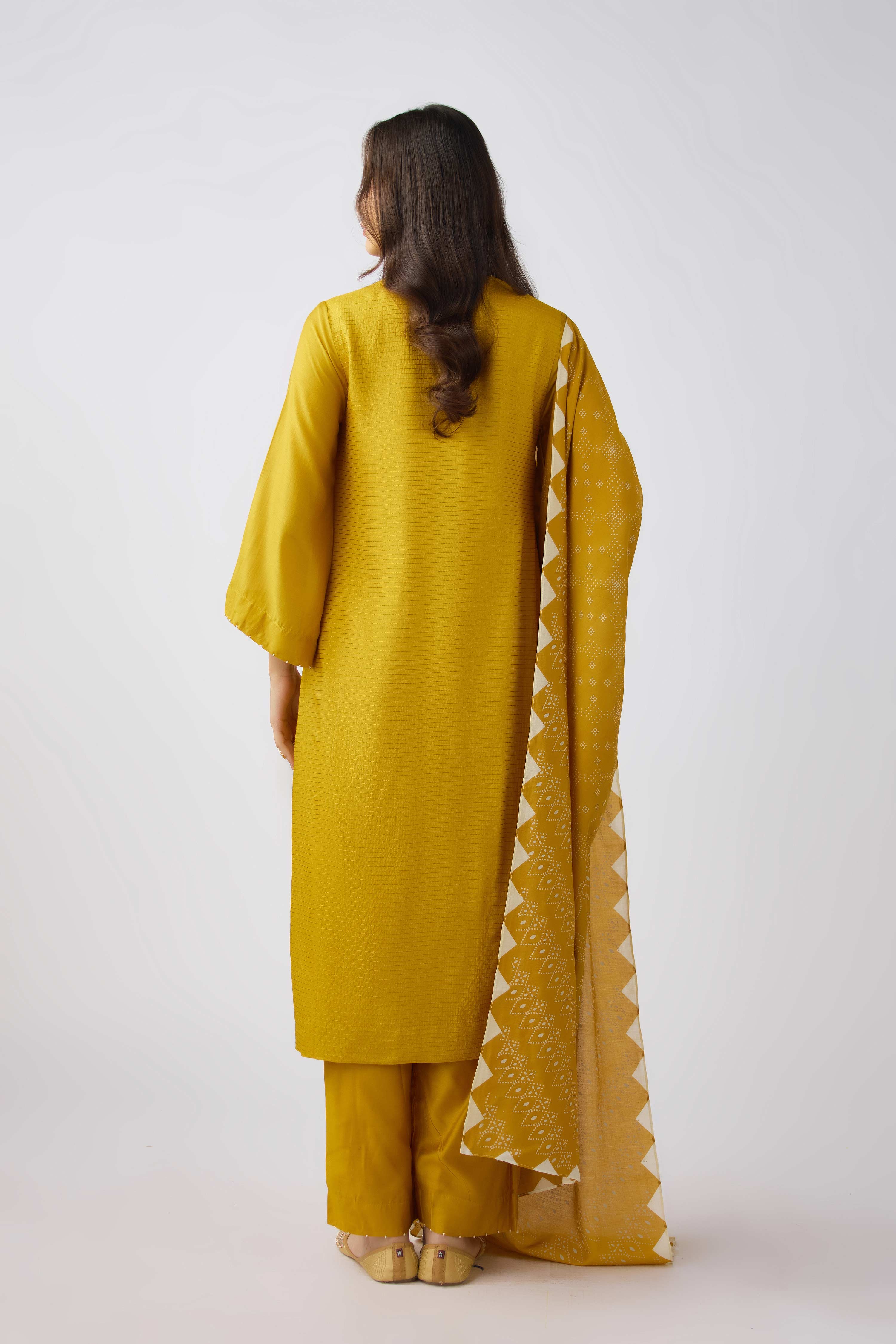 Mustard Muslin Embroidered Suit Set  Mokshaa