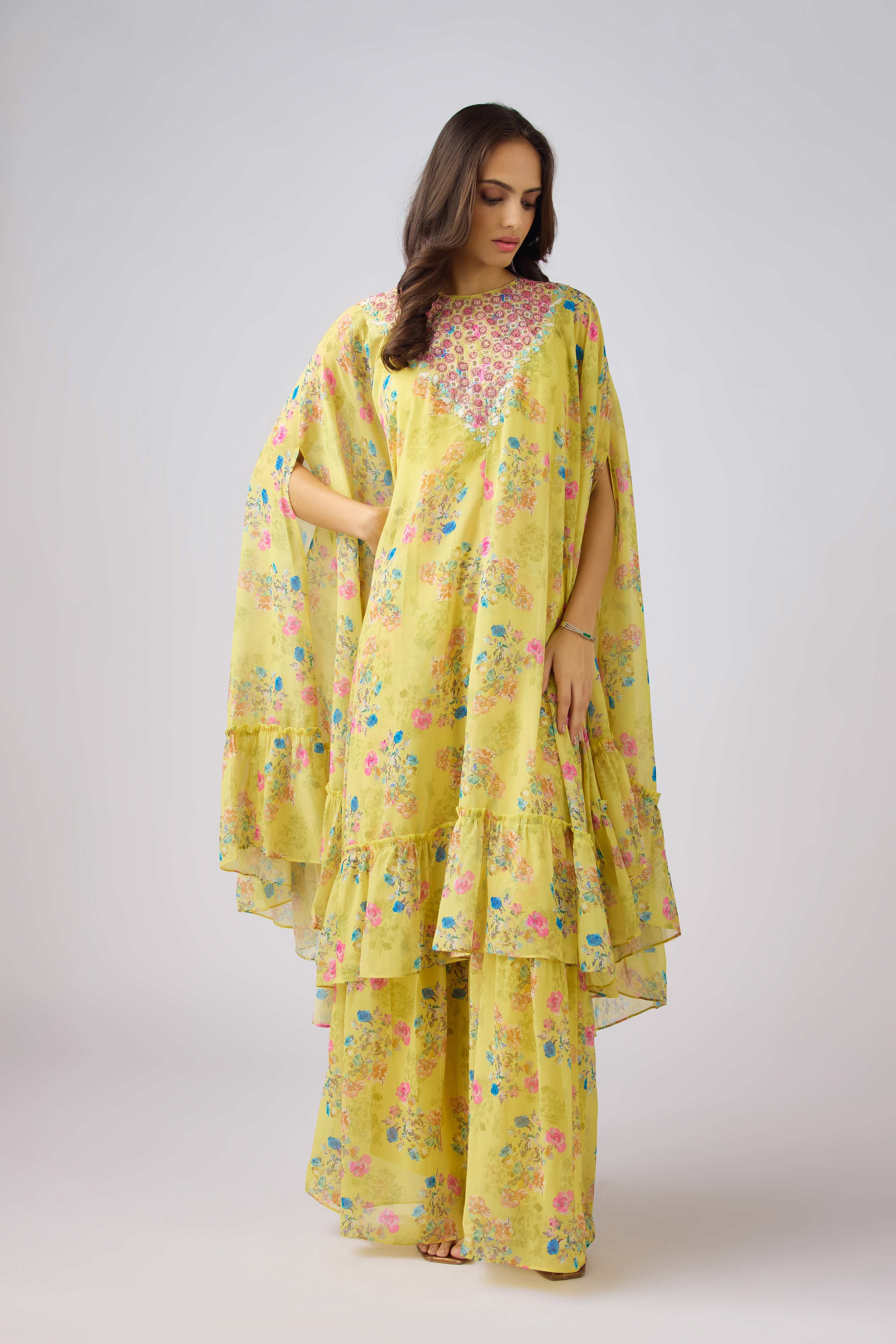 Yellow Chinon Embroidered Floral Sharara Set  Mokshaa