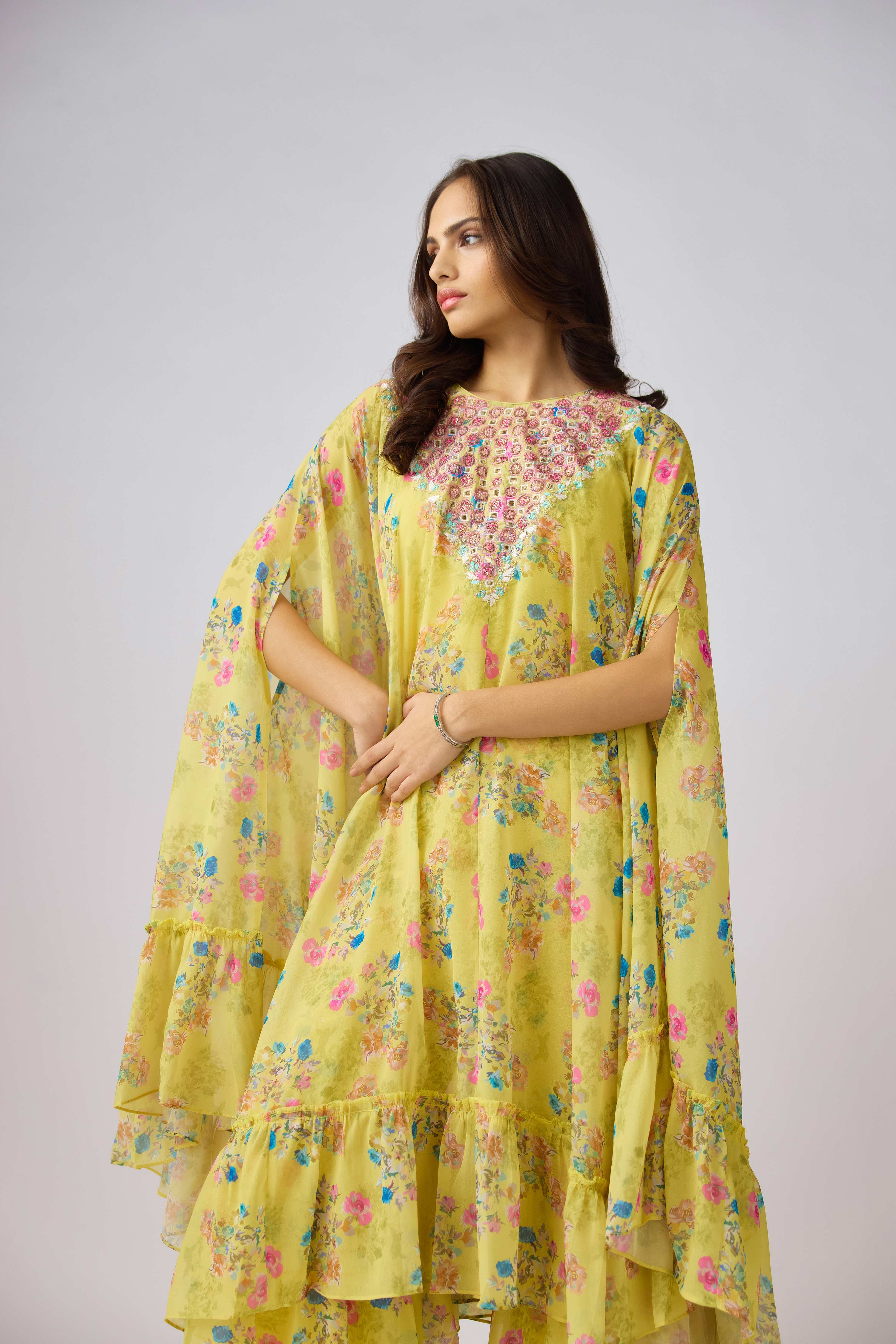 Yellow Chinon Embroidered Floral Sharara Set  Mokshaa