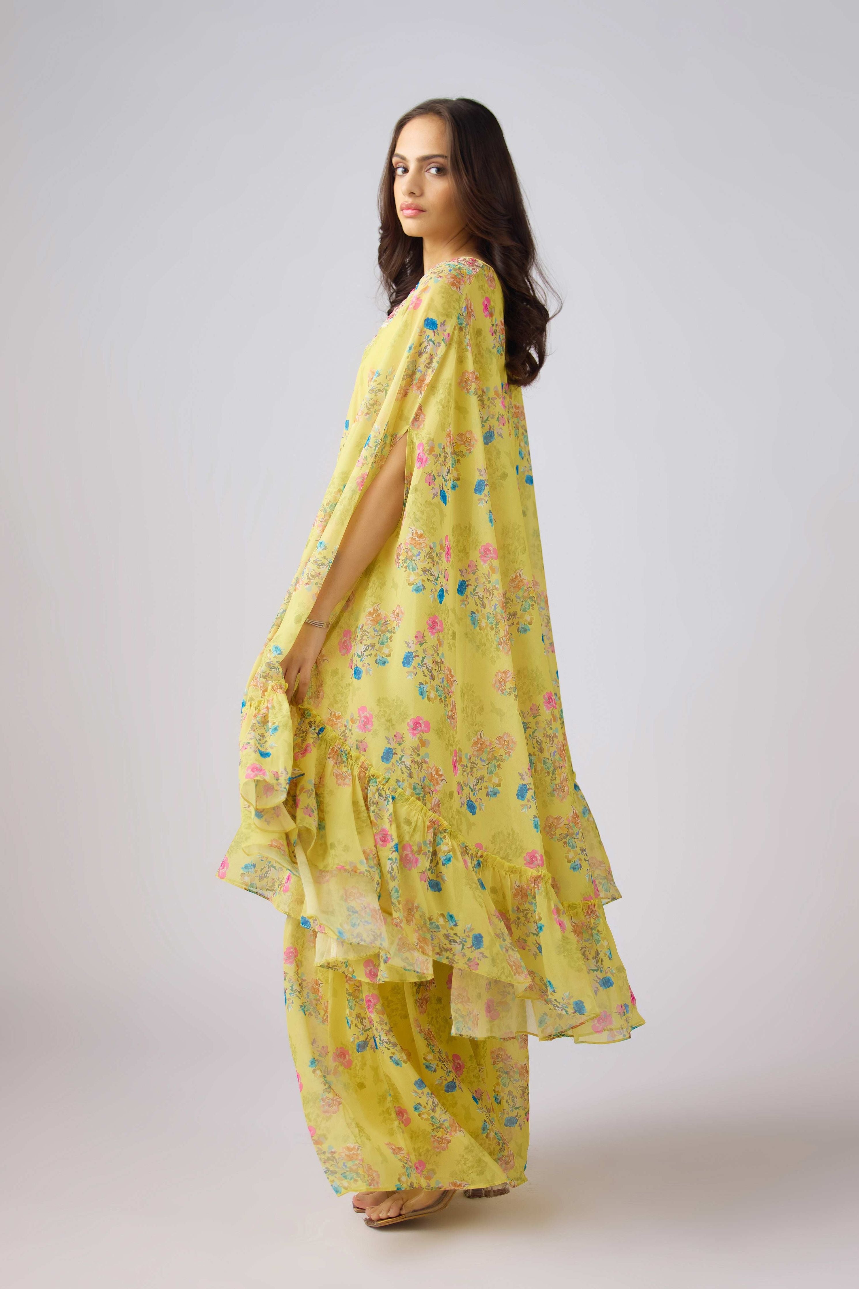 Yellow Chinon Embroidered Floral Sharara Set  Mokshaa