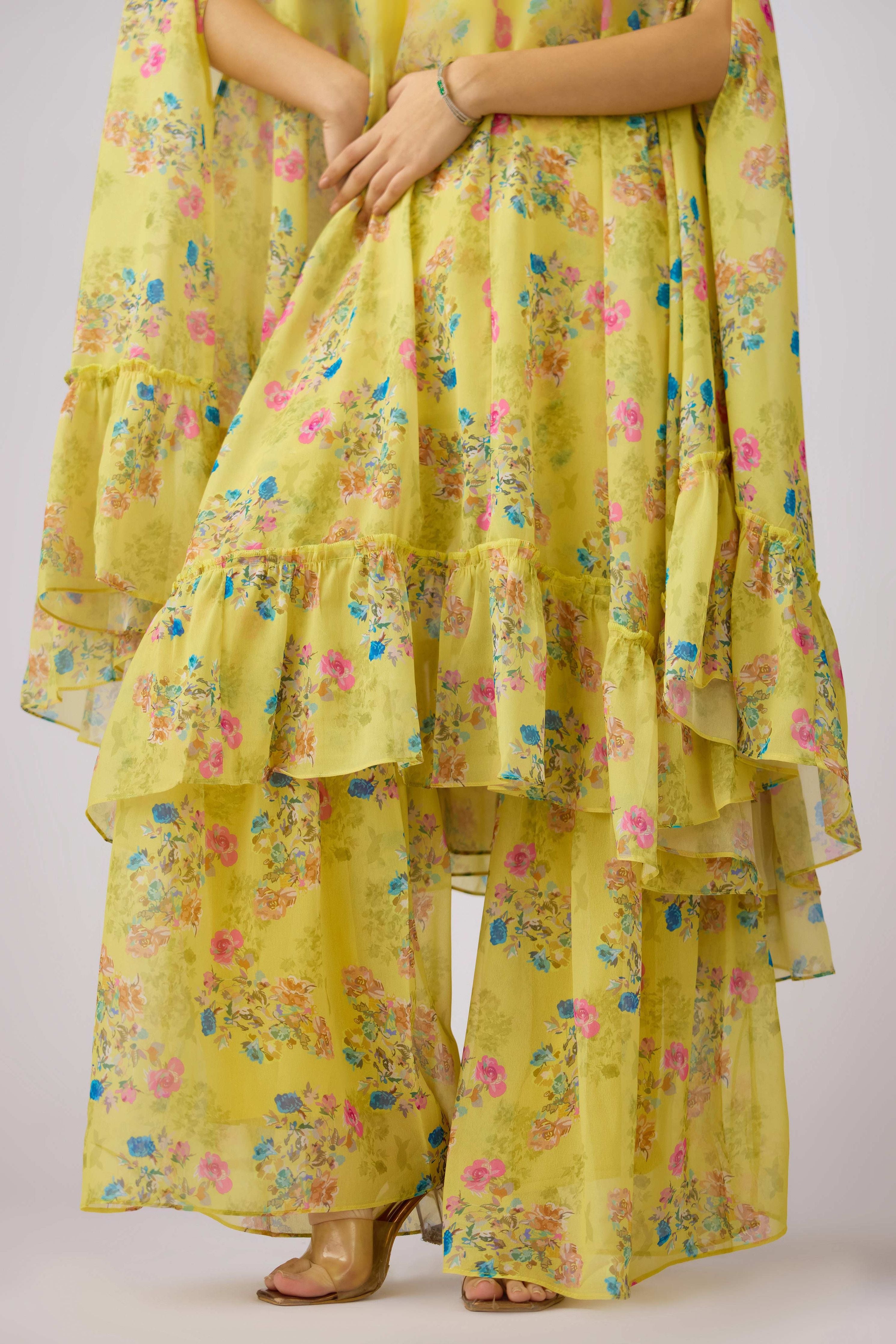 Yellow Chinon Embroidered Floral Sharara Set  Mokshaa