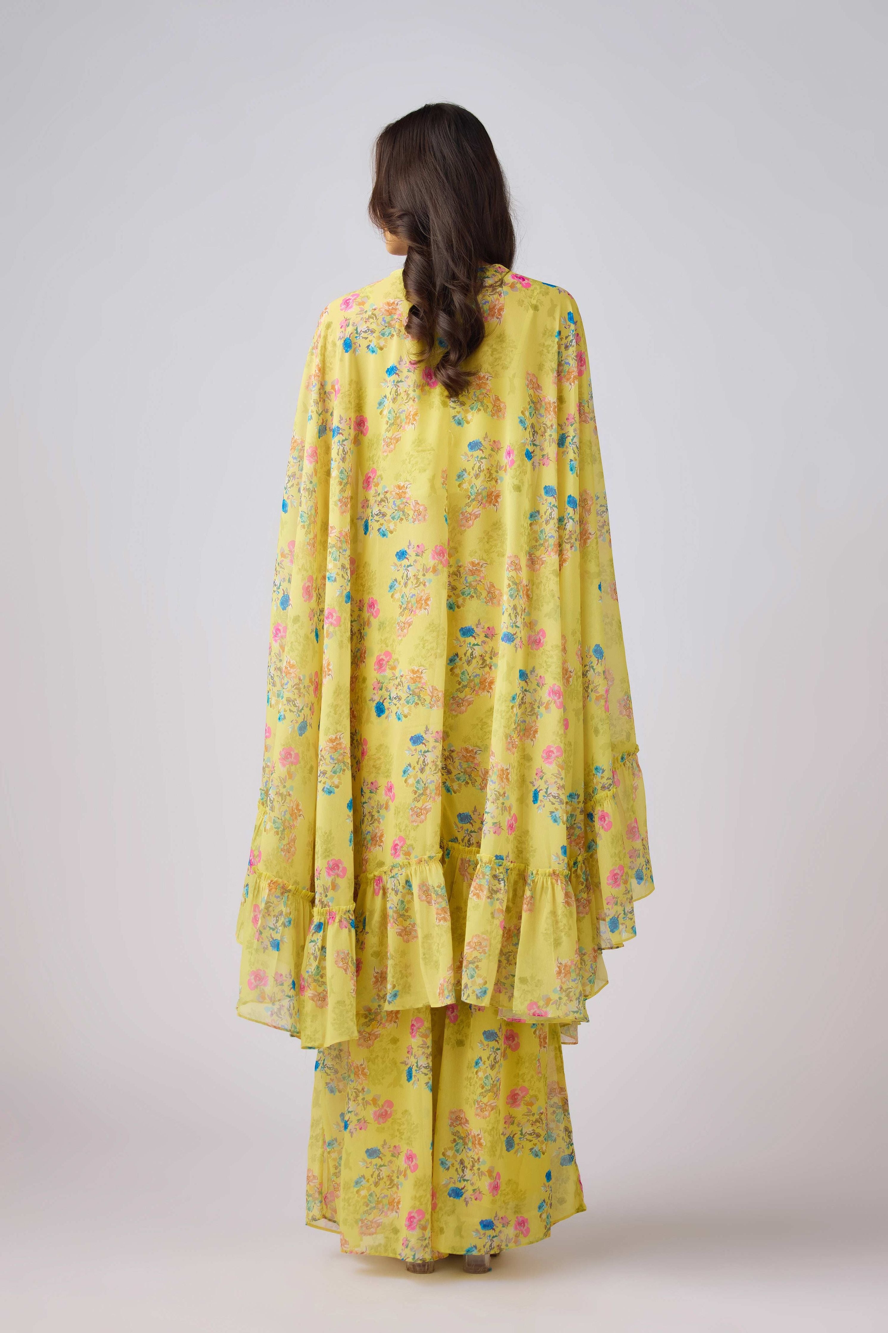 Yellow Chinon Embroidered Floral Sharara Set  Mokshaa